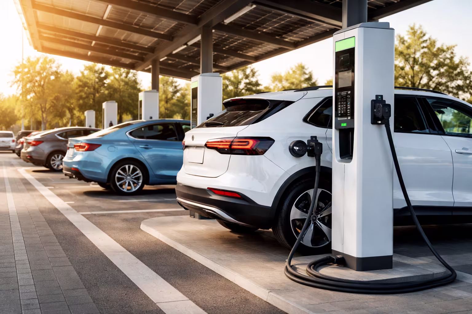 Carros elétricos conectados a pontos de recarga em ilustração editorial