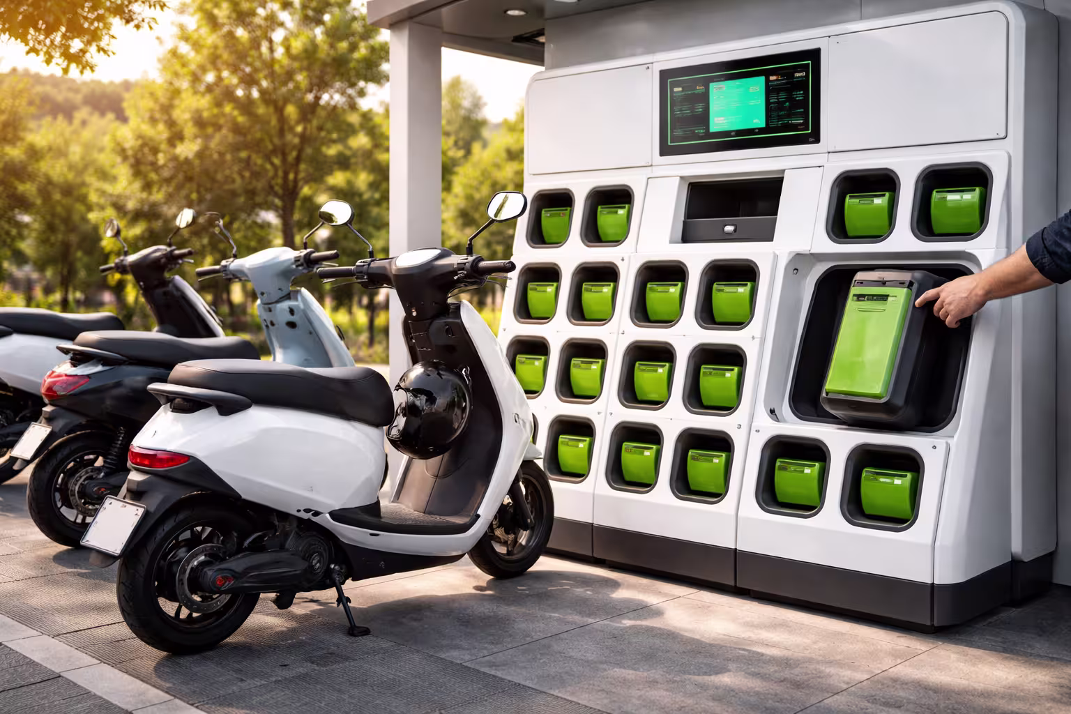 Scooter elétrica conectada para recarga em ilustração editorial