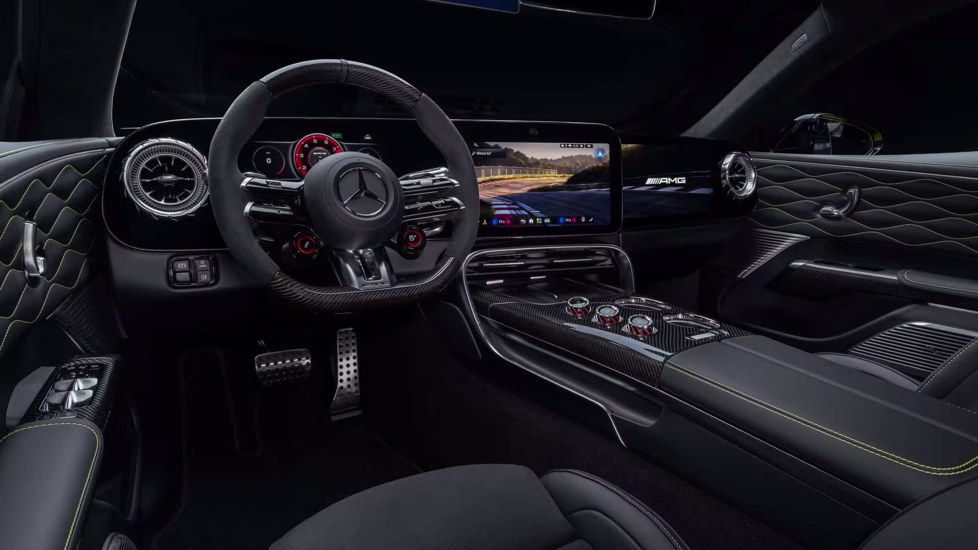 Cabine do Mercedes-AMG GT elétrico com telas digitais