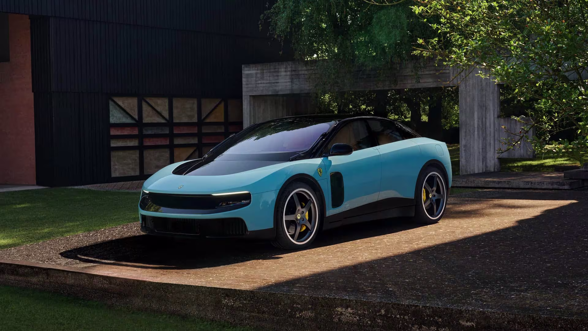Ferrari Luce azul vista de frente com faróis diurnos em LED ativados