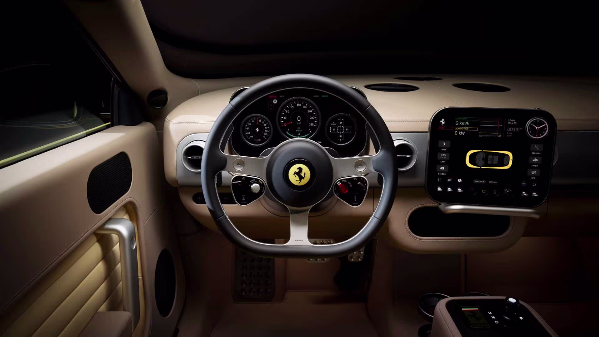 Cabine dianteira da Ferrari Luce vermelha com acabamento esportivo premium e volante multifuncional