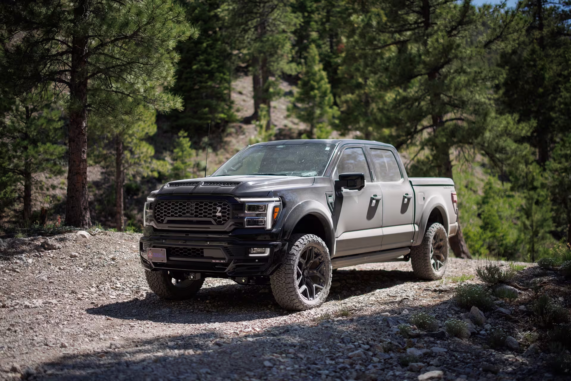 Dianteira da Shelby F-150 Baja Raptor destacando o capô exclusivo e os para-choques de aço com luzes LED