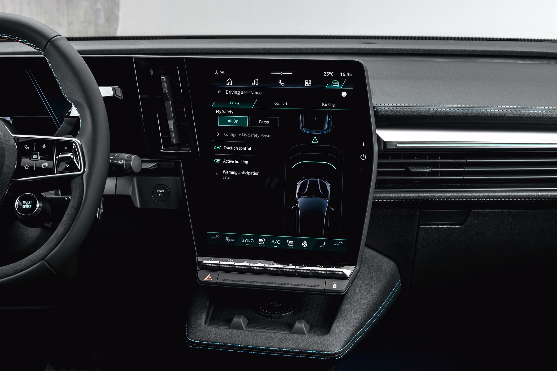 Central multimídia do Renault Megane E-Tech Electric com menu de veículo