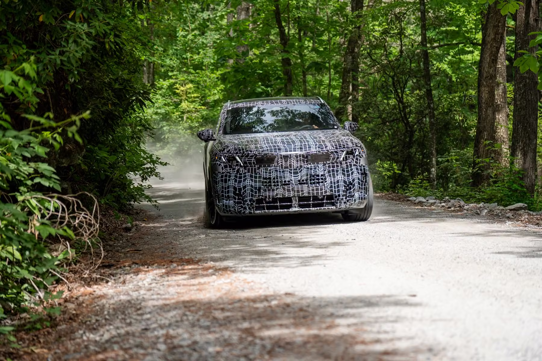 Novo BMW X5 camuflado em trecho estreito de floresta