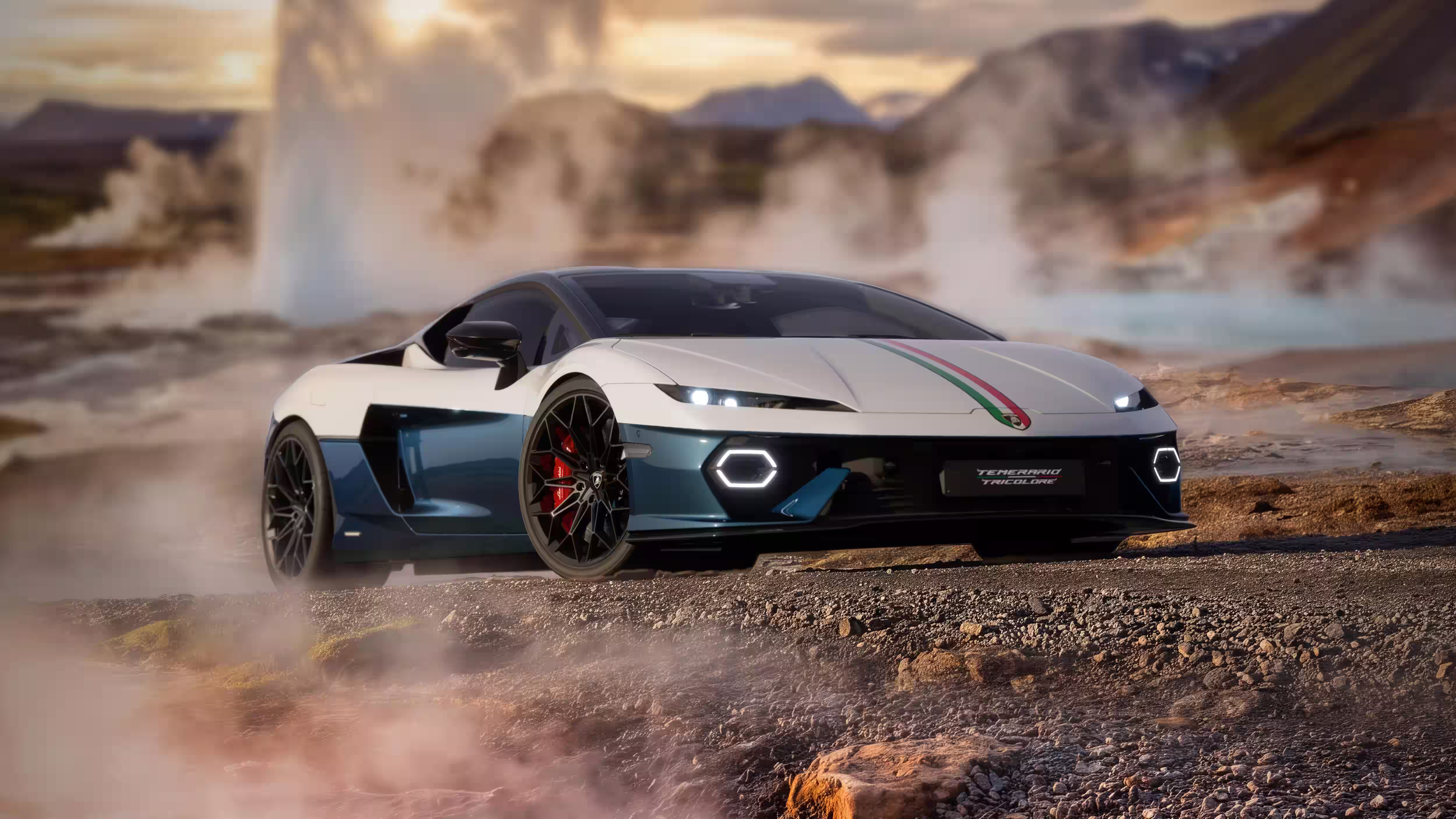 Lamborghini Temerario Tricolore visto de frente em três quartos entre vapores geotérmicos