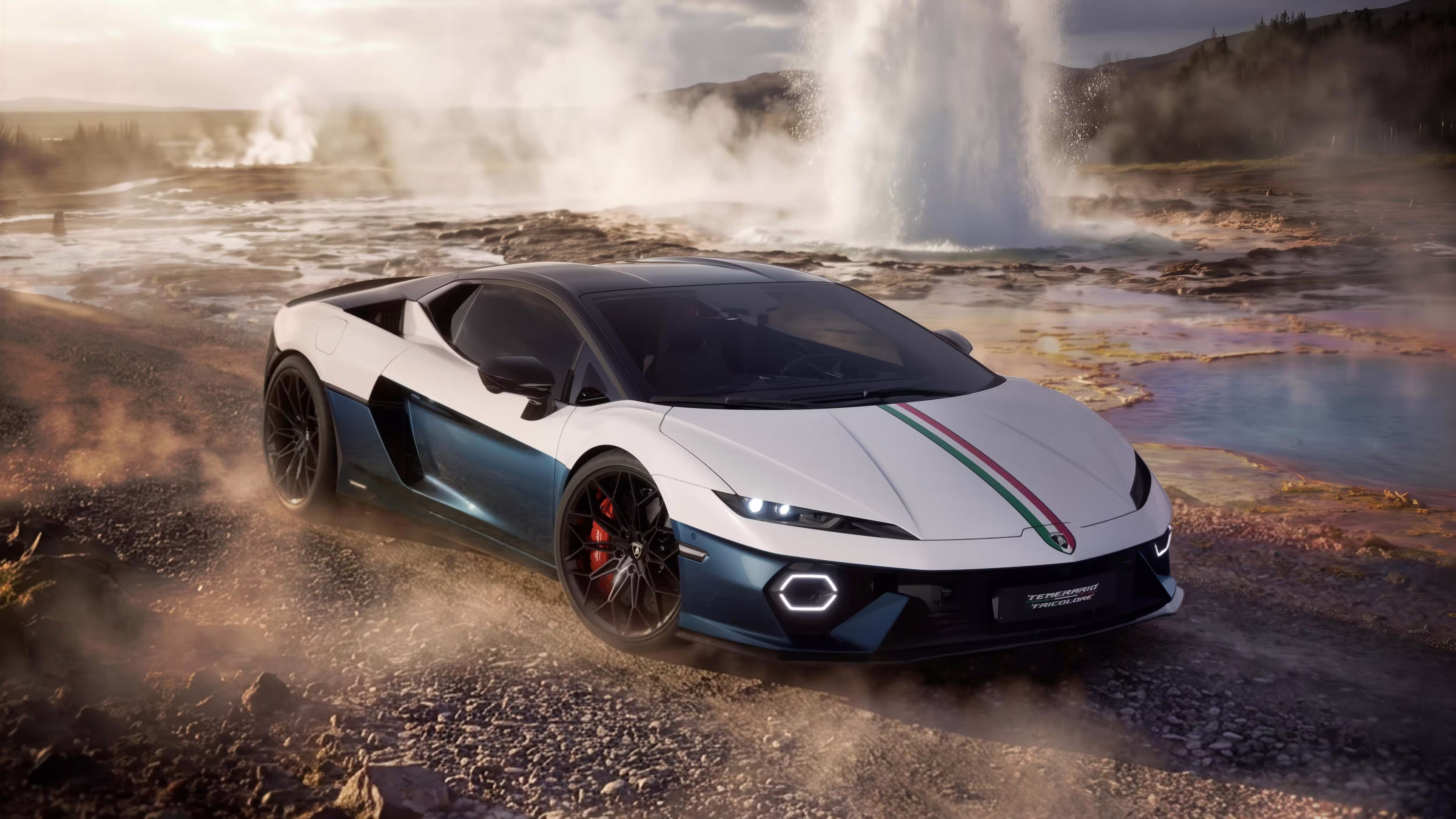 Lamborghini Temerario Tricolore em enquadramento horizontal diante de fontes termais