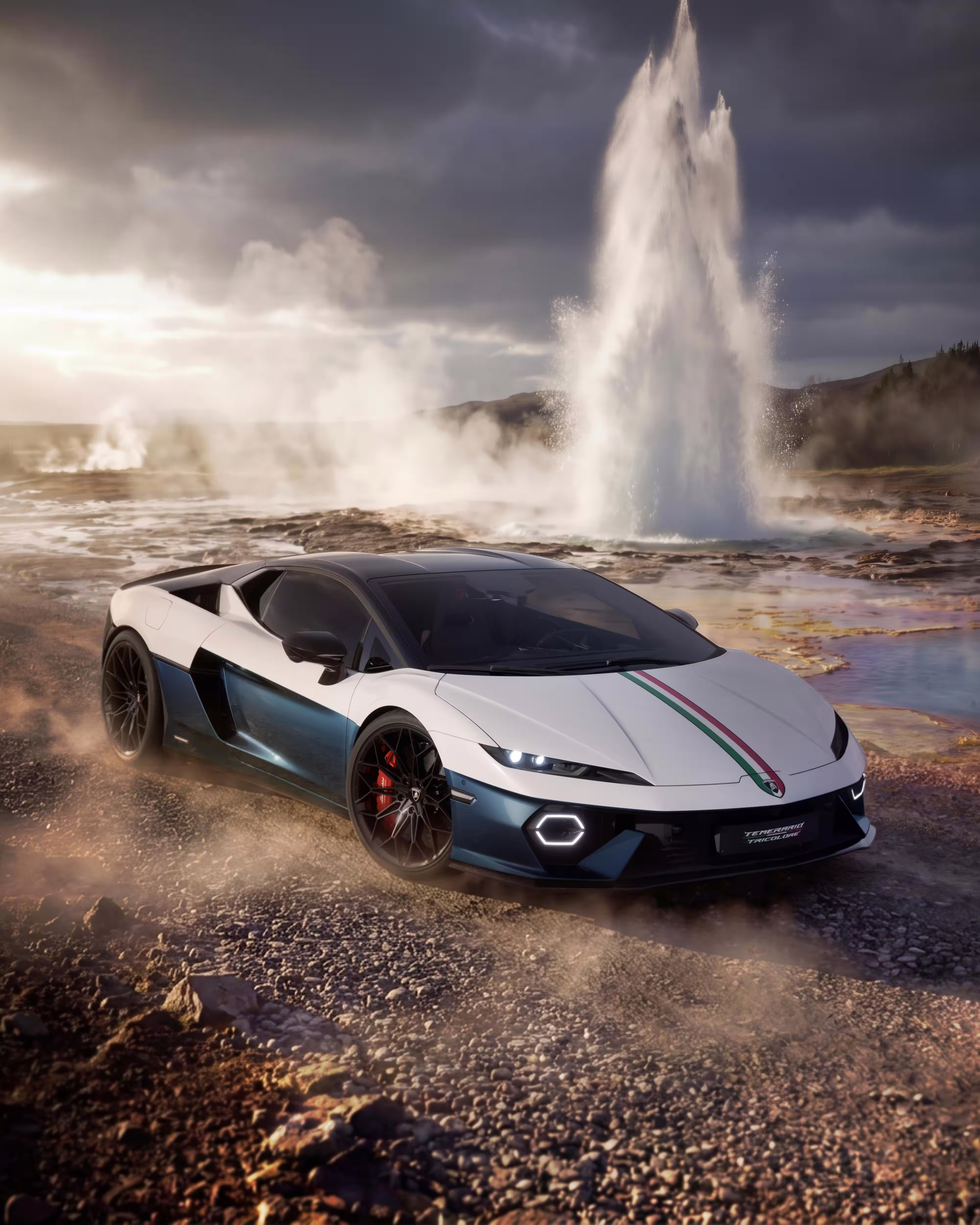 Lamborghini Temerario Tricolore em composição vertical visto de cima e pela dianteira