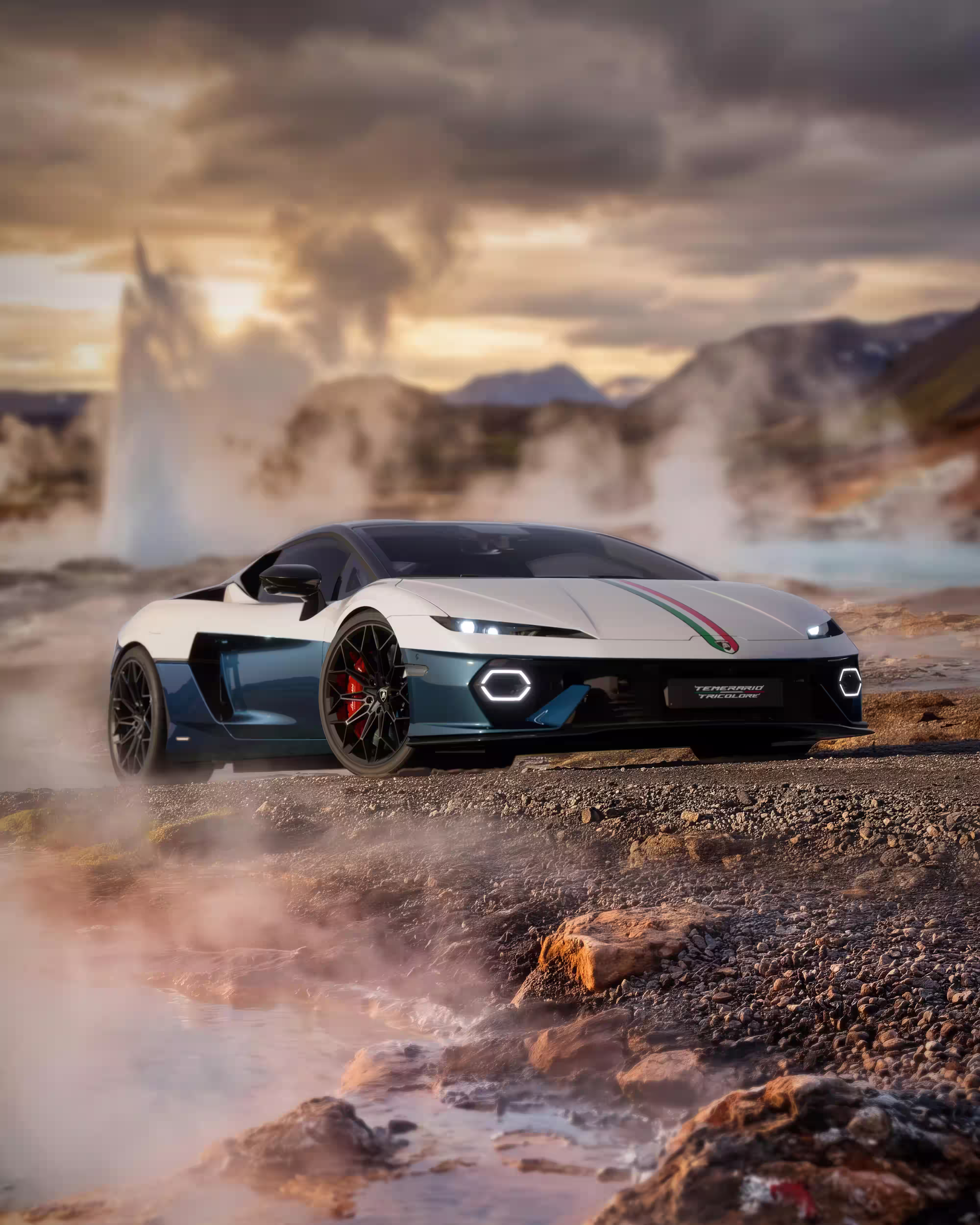 Lamborghini Temerario Tricolore em vista dianteira de três quartos no cenário geotérmico