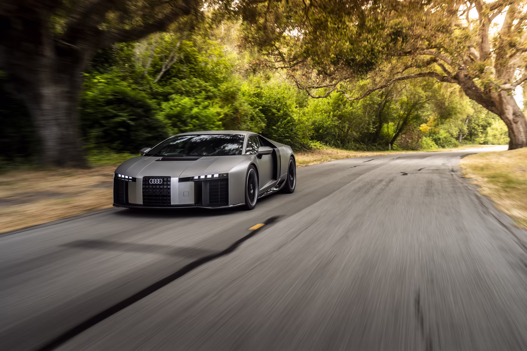 Audi Nuvolari em movimento por estrada arborizada da Califórnia