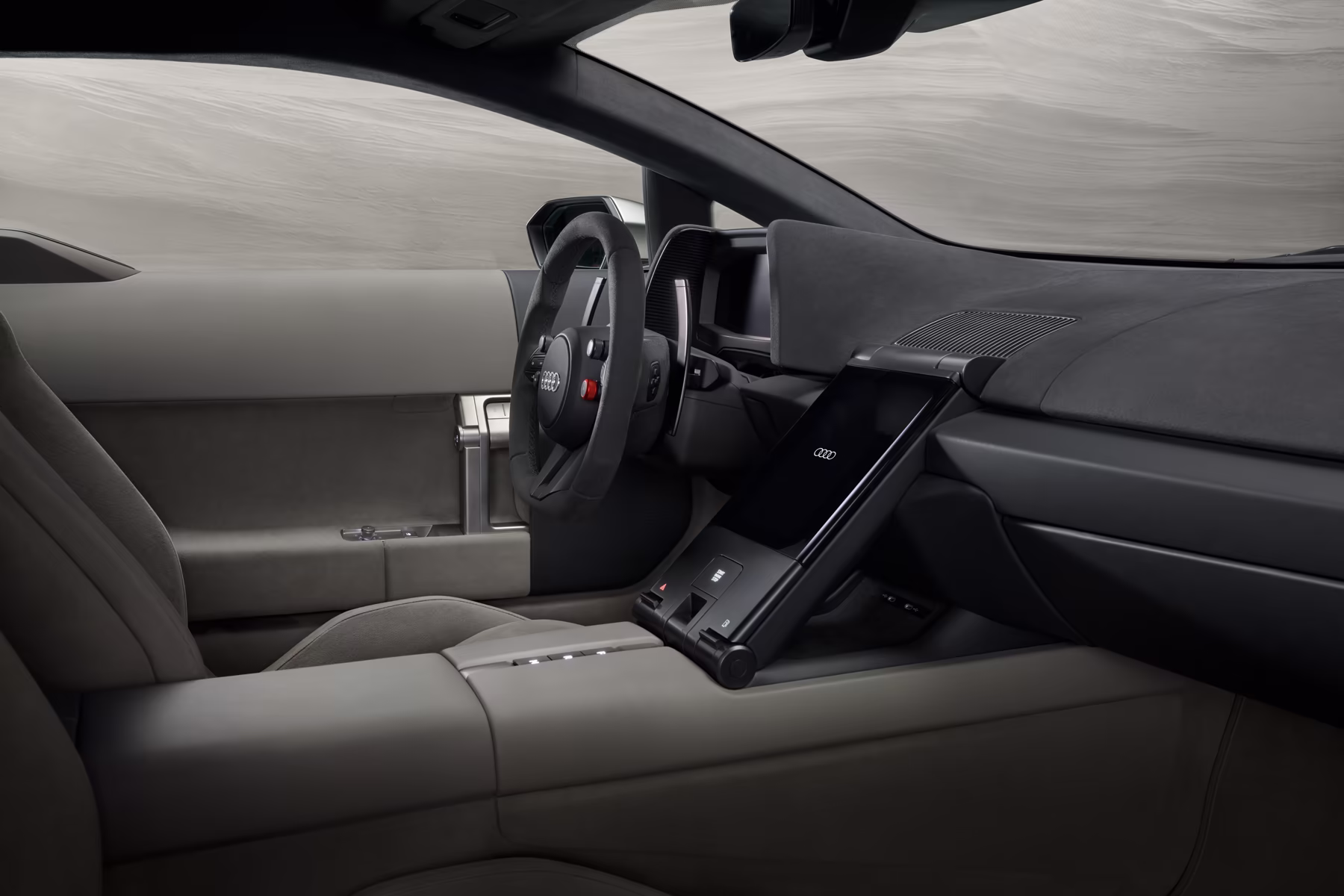 Interior do Audi Nuvolari em estúdio com painel e volante iluminados