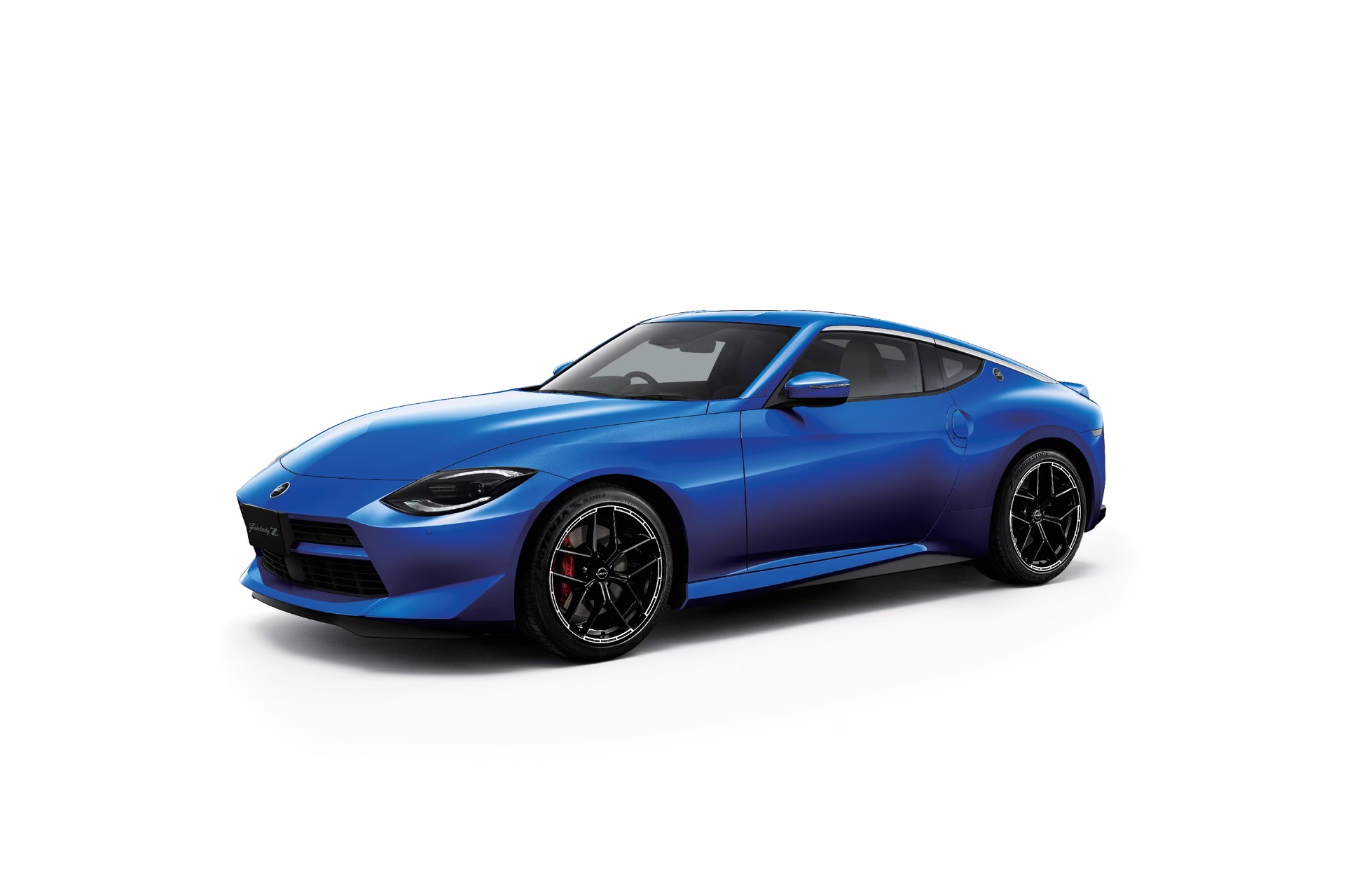 Nissan Fairlady Z azul em estúdio visto de frente em três quartos