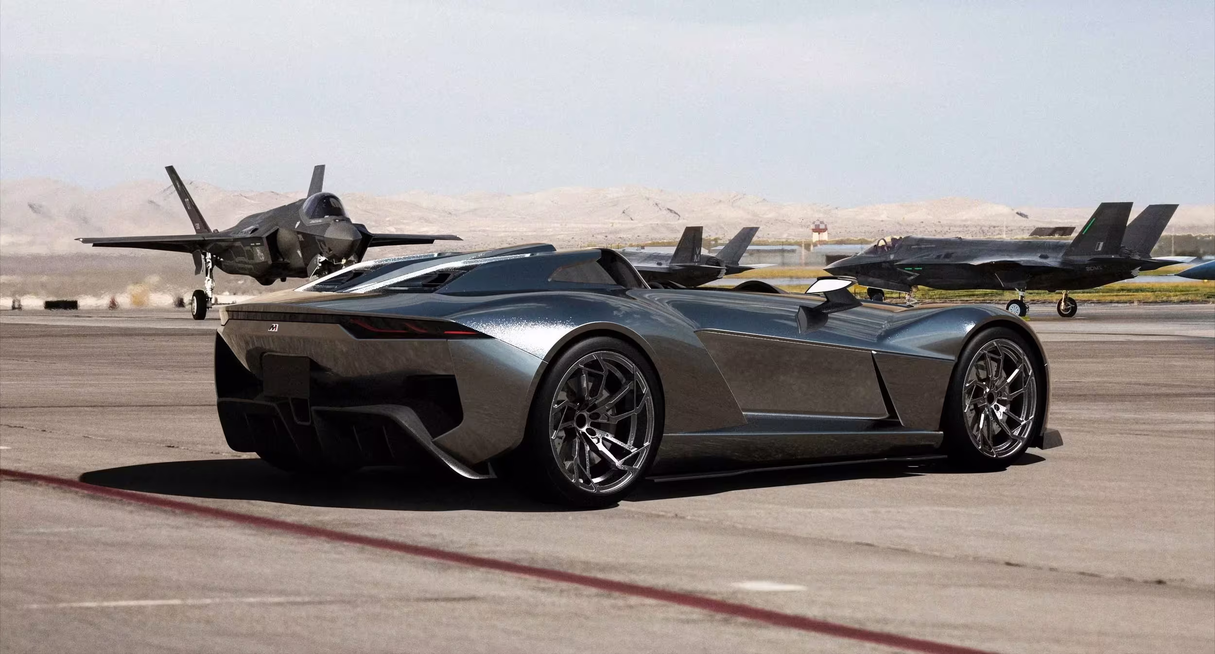 Primeira geracao do Rezvani Beast estacionada em uma base aerea ao lado de cacas militares