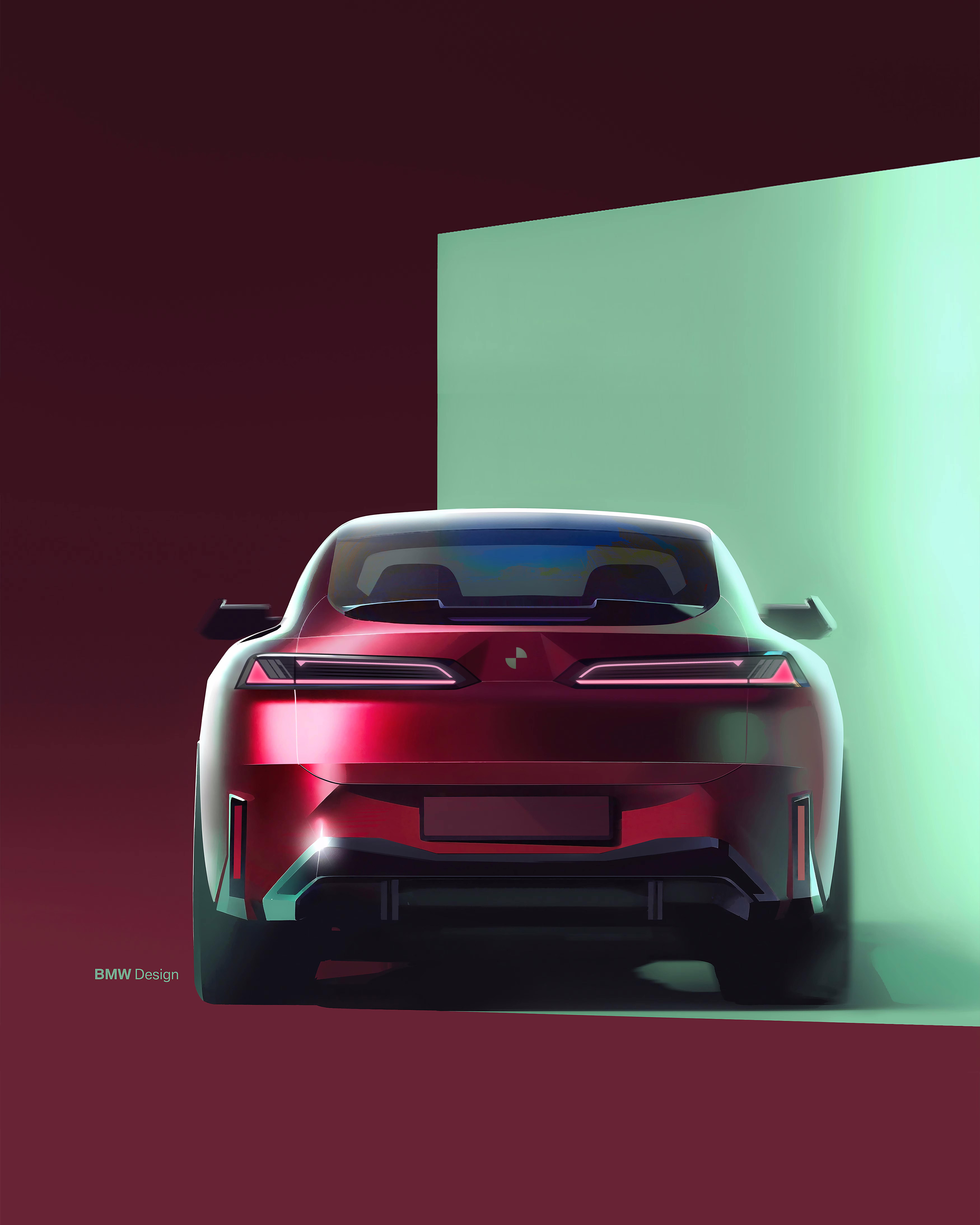 Ilustração de divulgação da BMW: Ilustração vertical da traseira, apresentando a organização gráfica das lanternas.