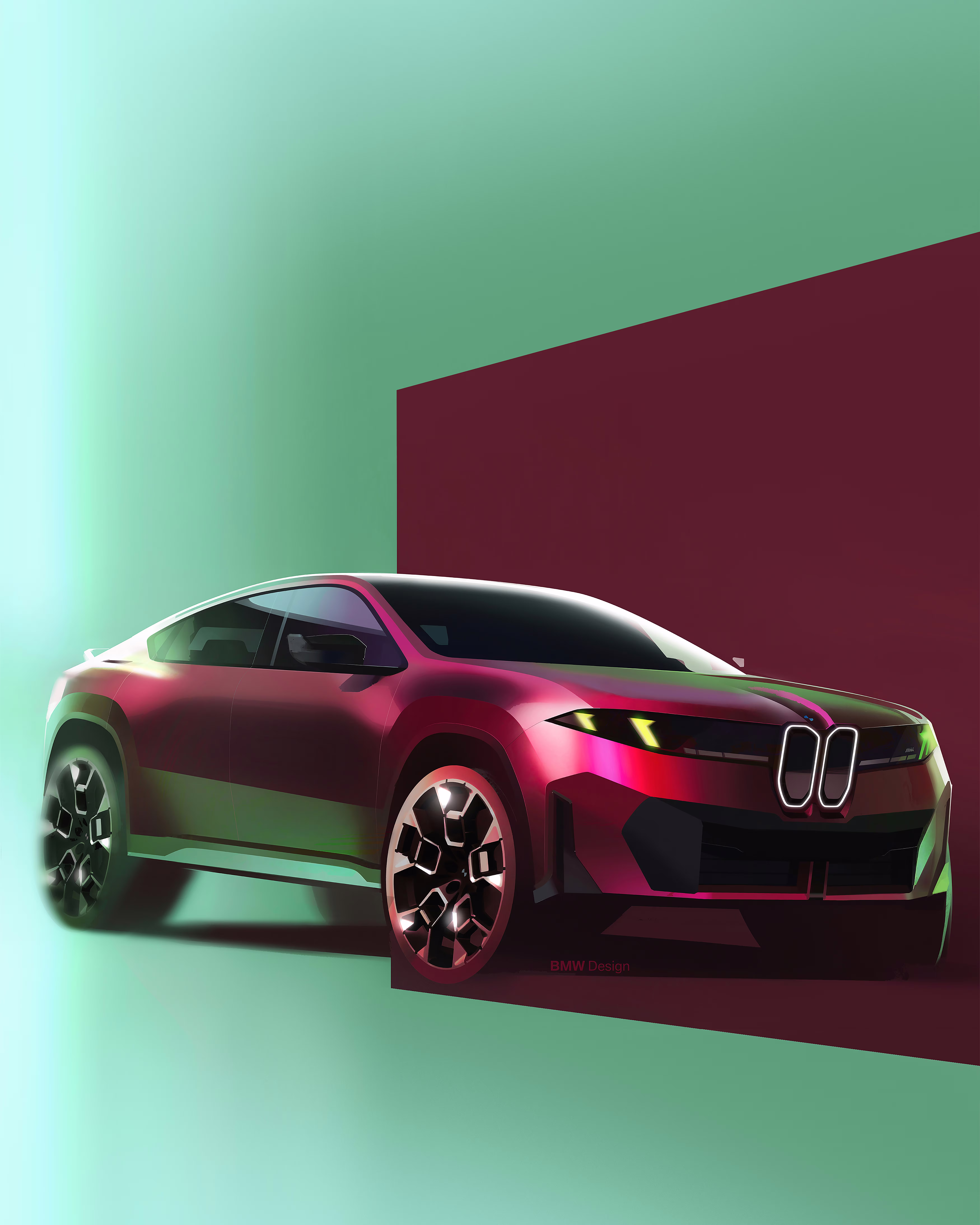 Ilustração de divulgação da BMW: Ilustração de design em formato vertical, com perspectiva dianteira e tratamento gráfico de cores.