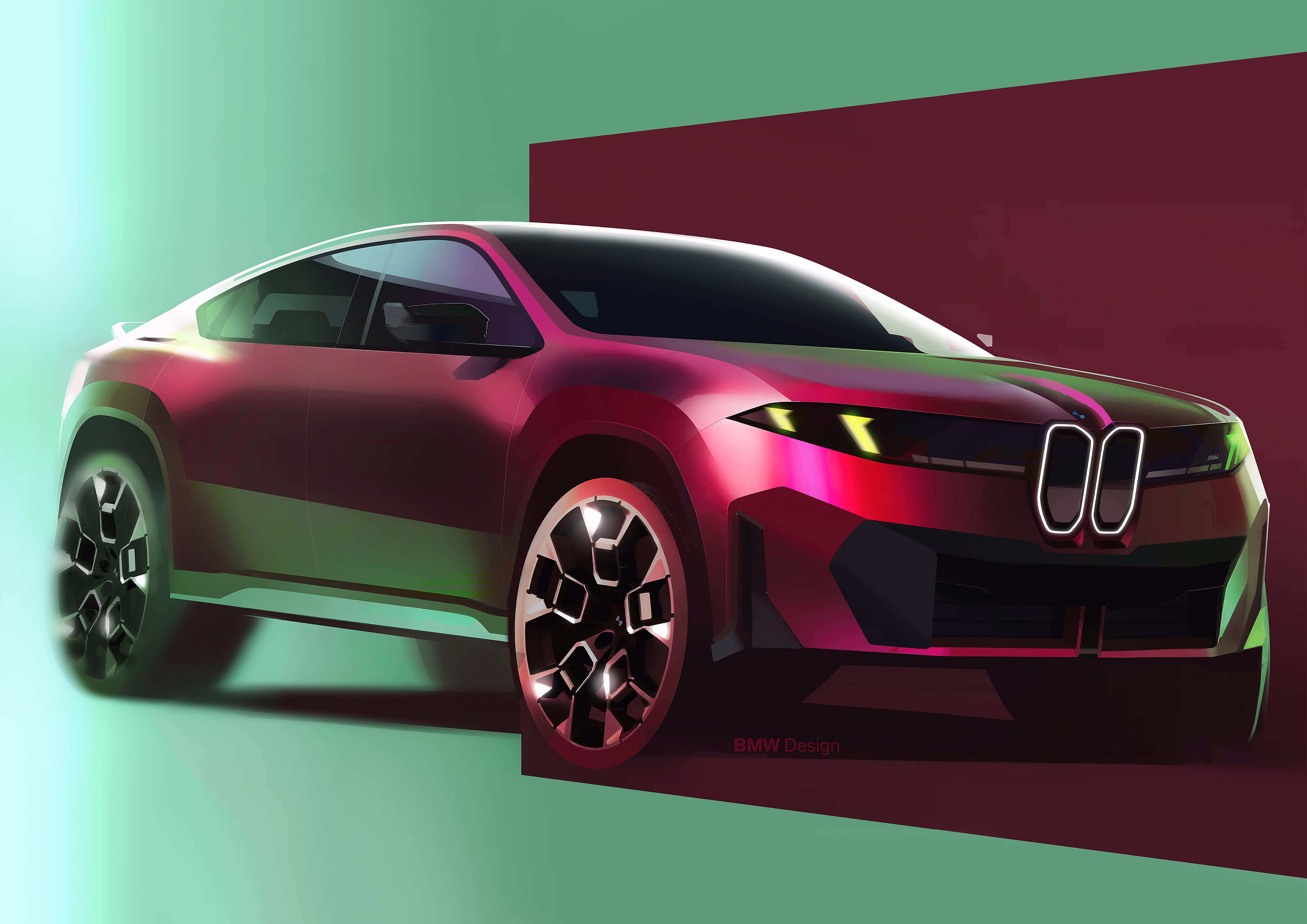 Ilustração de divulgação da BMW: Ilustração dianteira em três quartos em uma composição de proporções mais próximas.