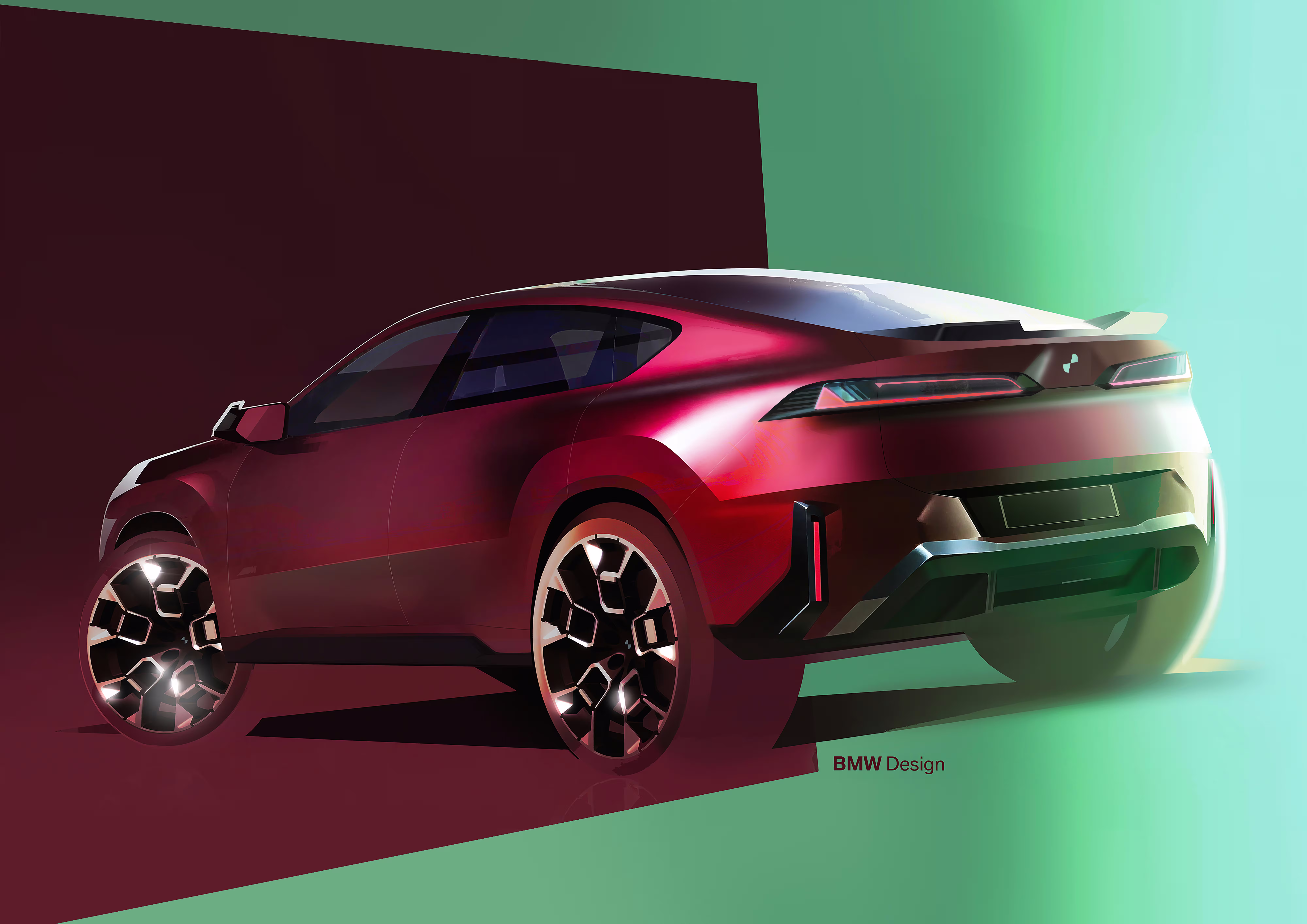 Ilustração de divulgação da BMW: Ilustração traseira em três quartos em uma composição de proporções mais próximas.