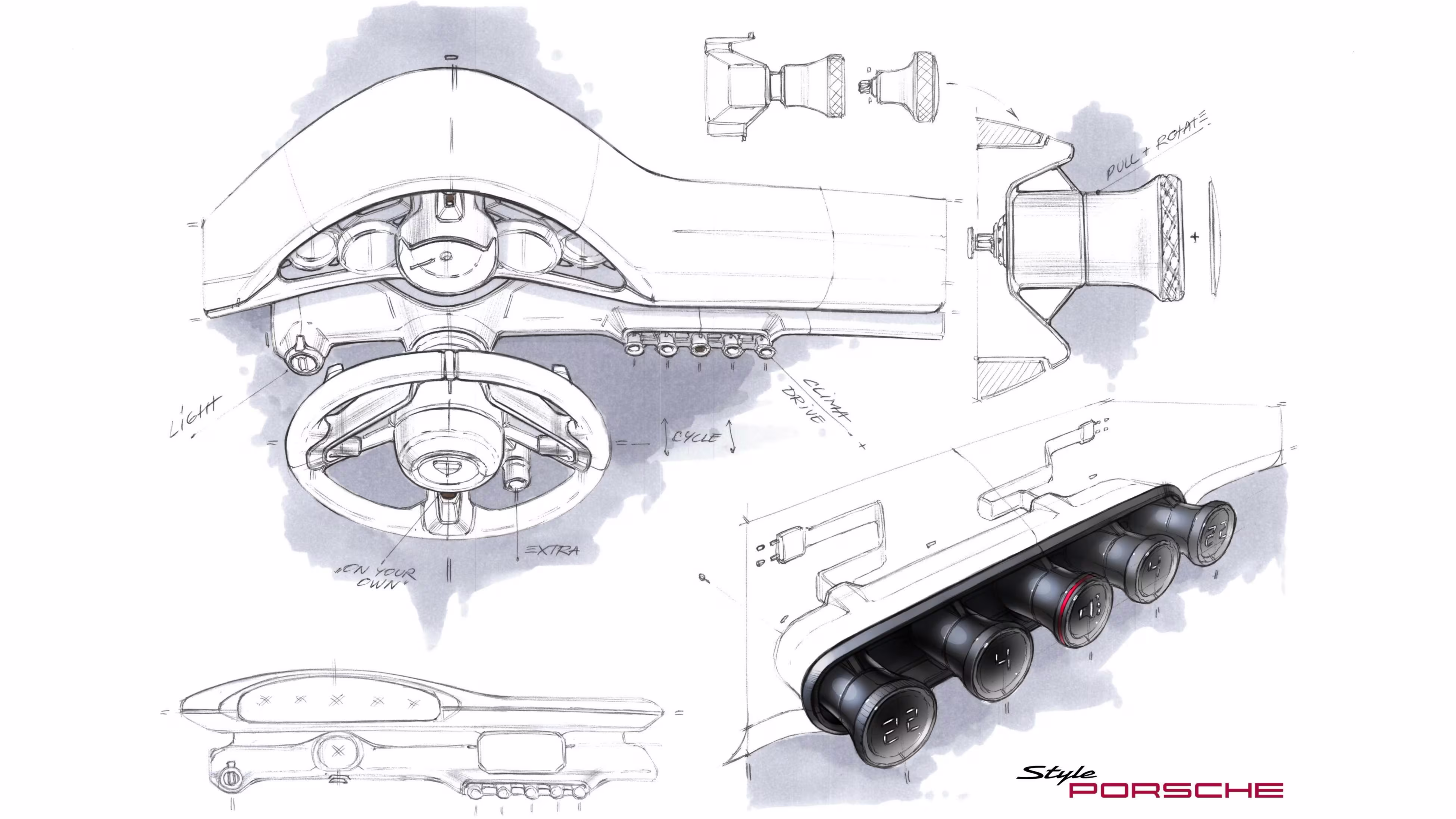 Prancha de desenho do painel e dos cinco instrumentos do Porsche Mission S