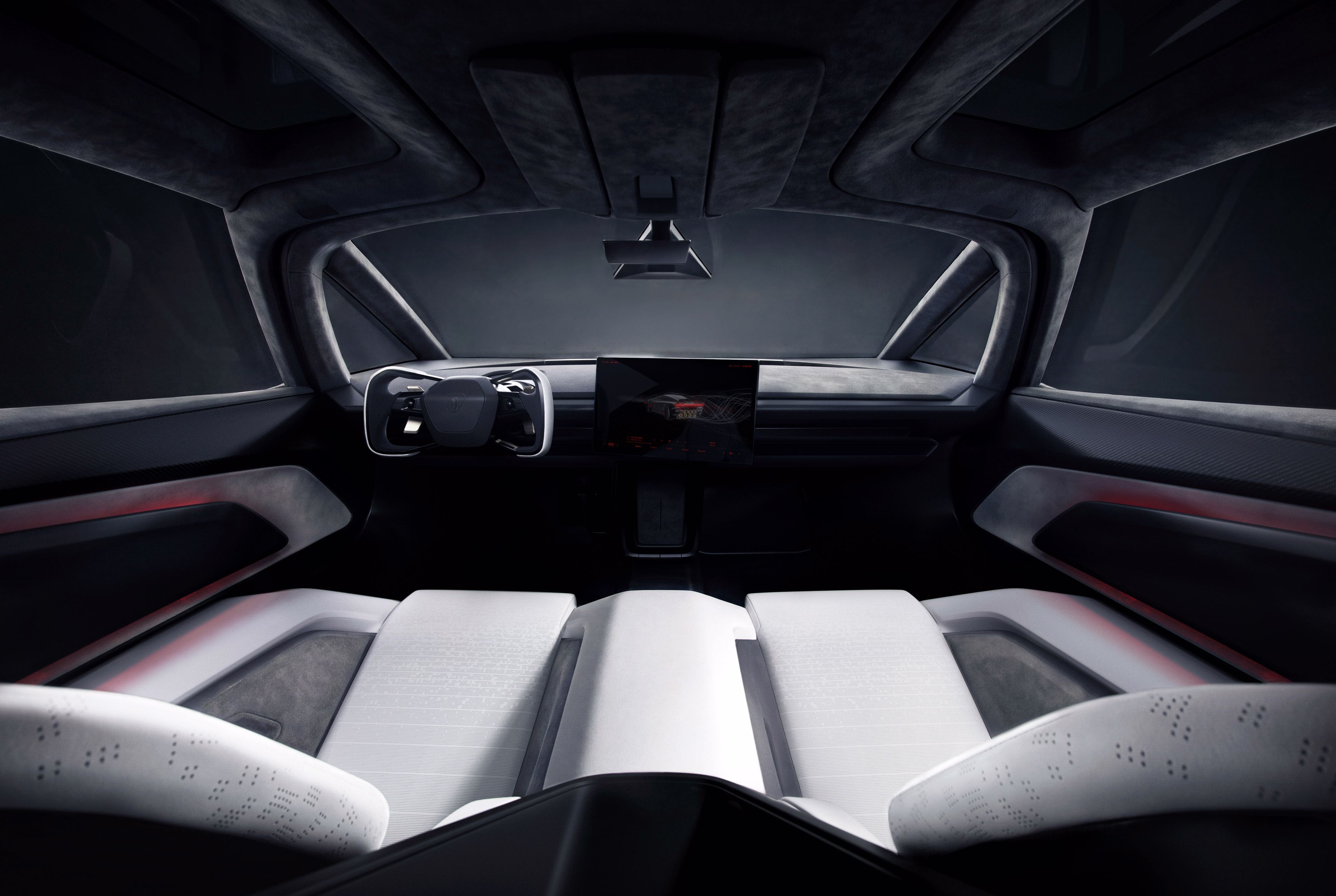 Cabine do Tesla Roadster vista de trás dos assentos em direção ao painel
