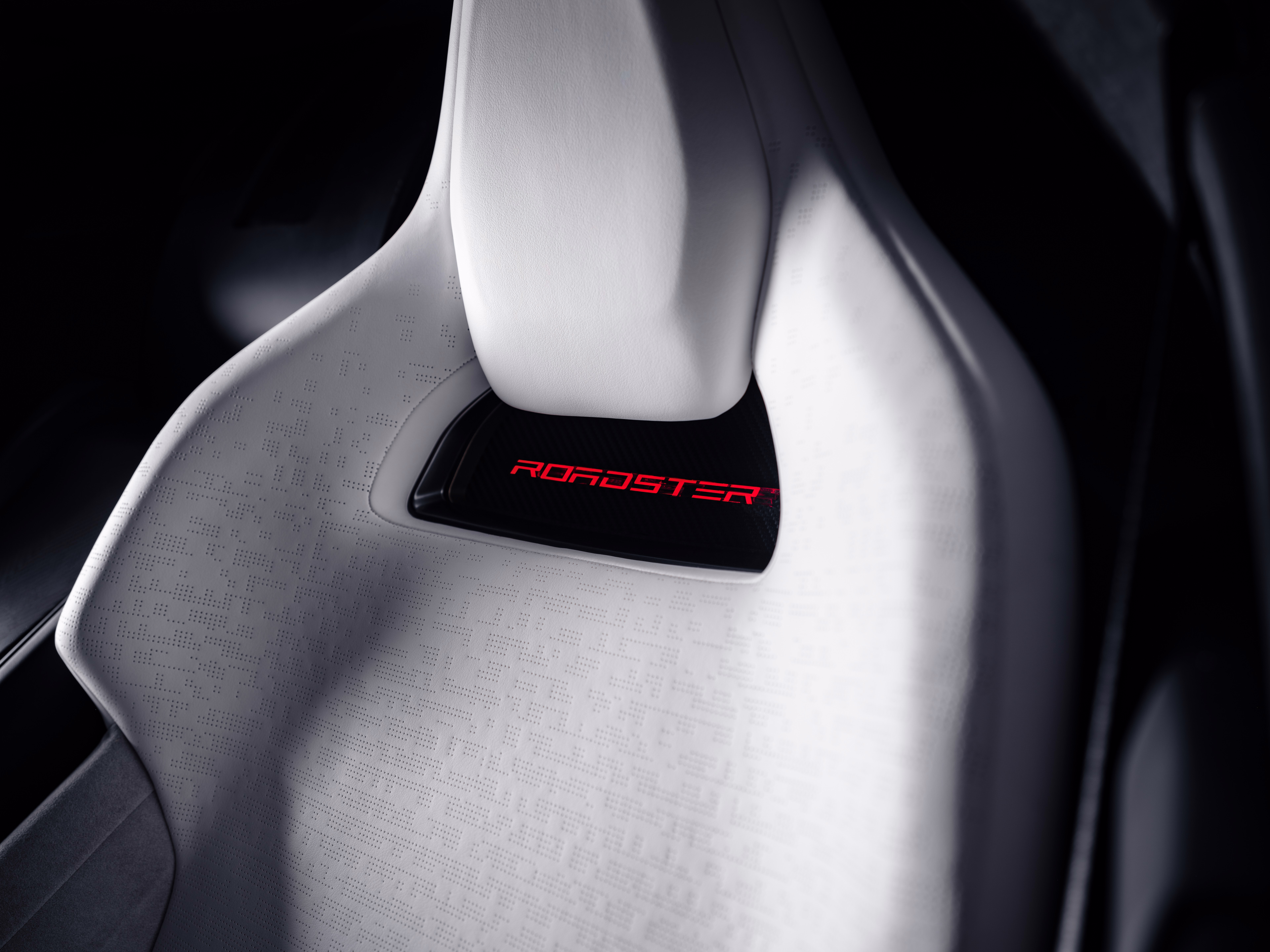 Encosto claro do banco do Tesla Roadster com identificação vermelha
