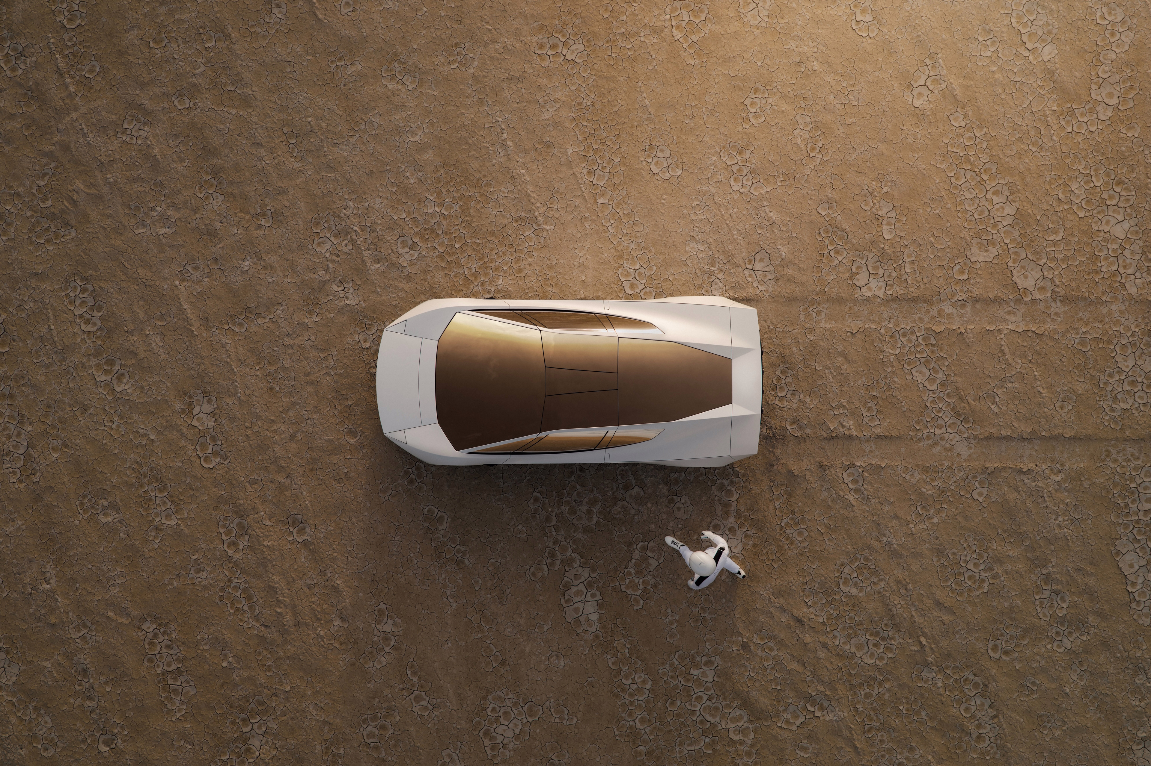 Roadster e uma pessoa vistos do alto sobre terreno desértico