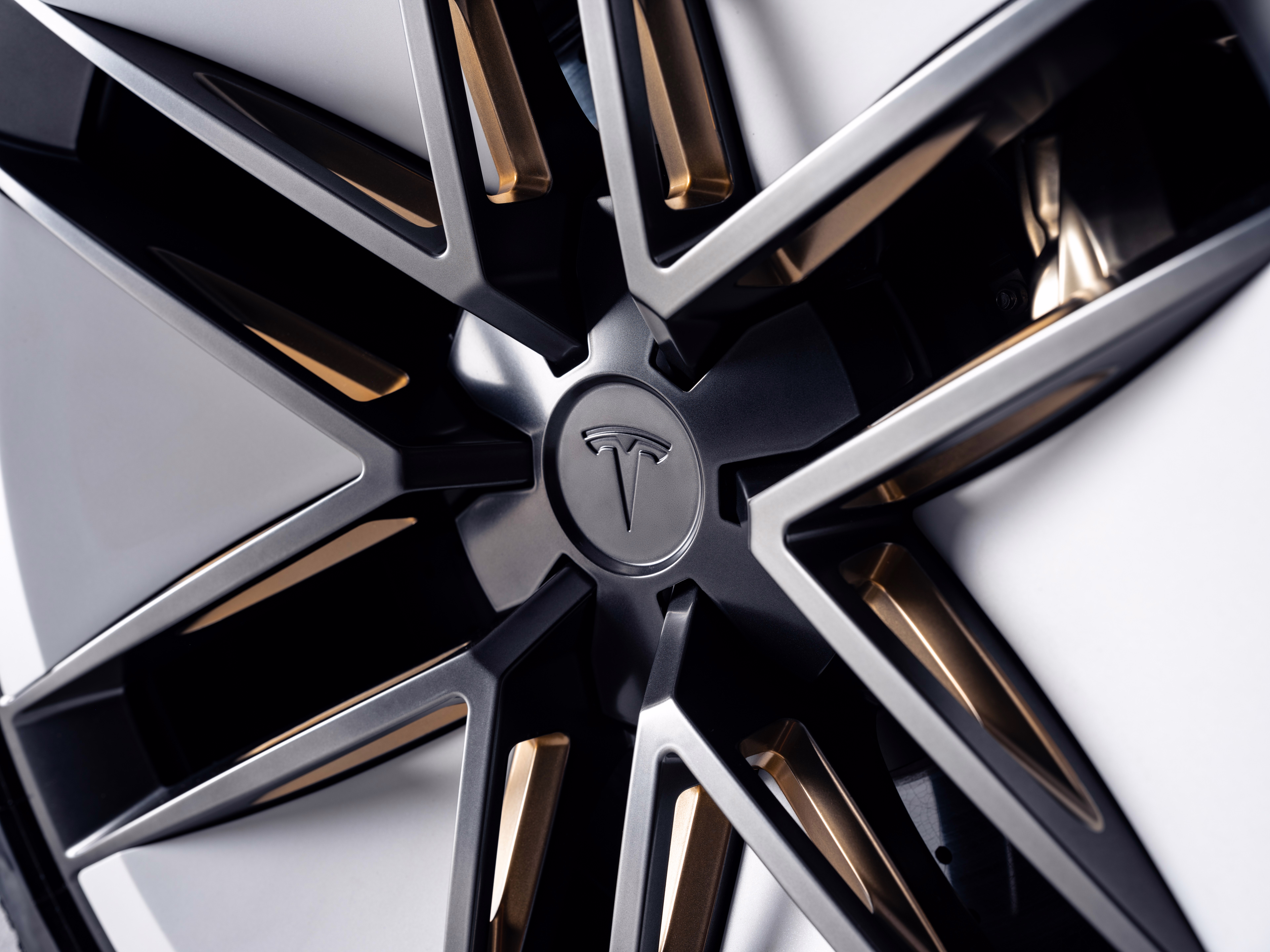 Detalhe dos raios facetados e do emblema Tesla na roda do Roadster