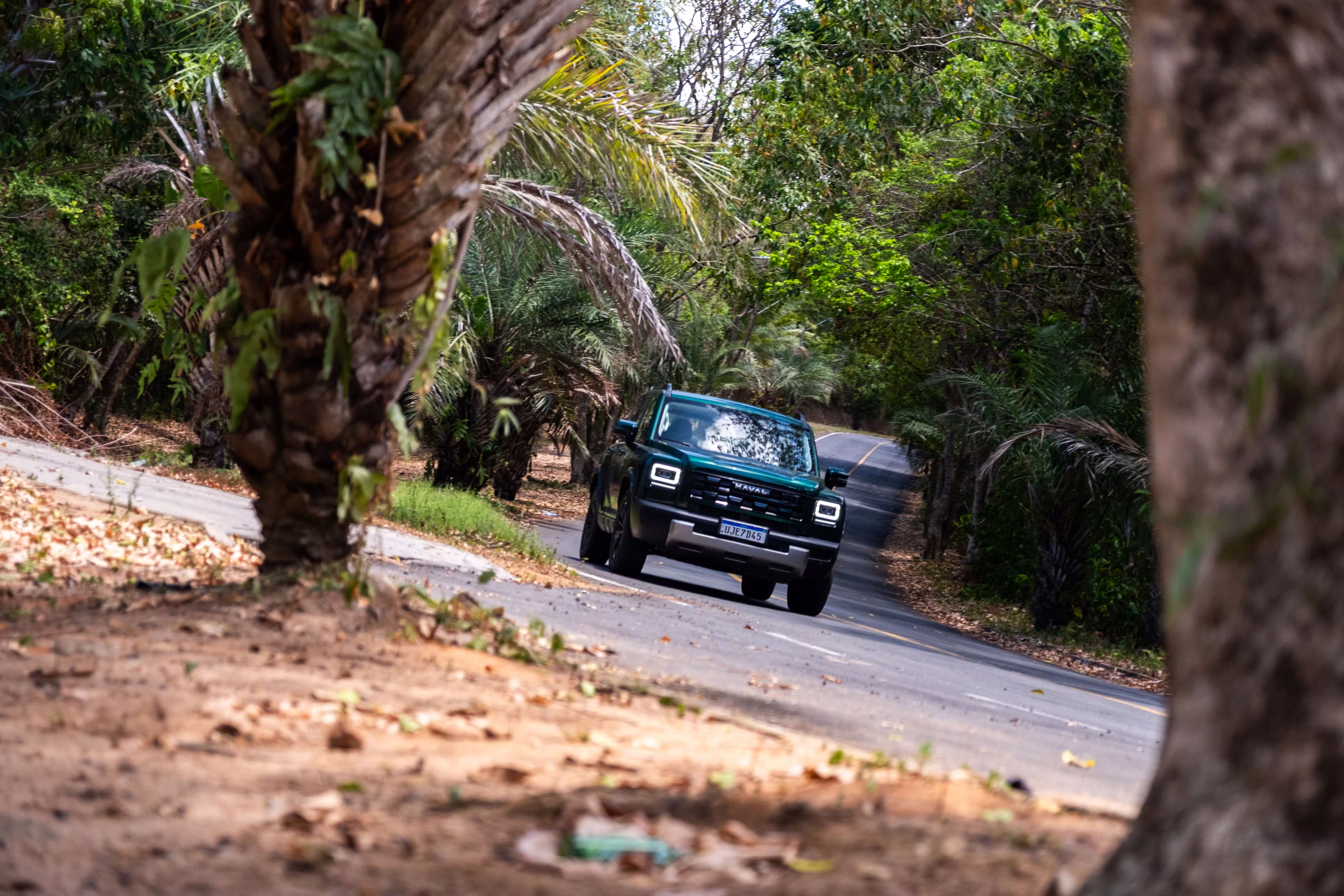 Foto de divulgação: Haval H7 verde visto de frente ao longe numa curva de estrada arborizada.