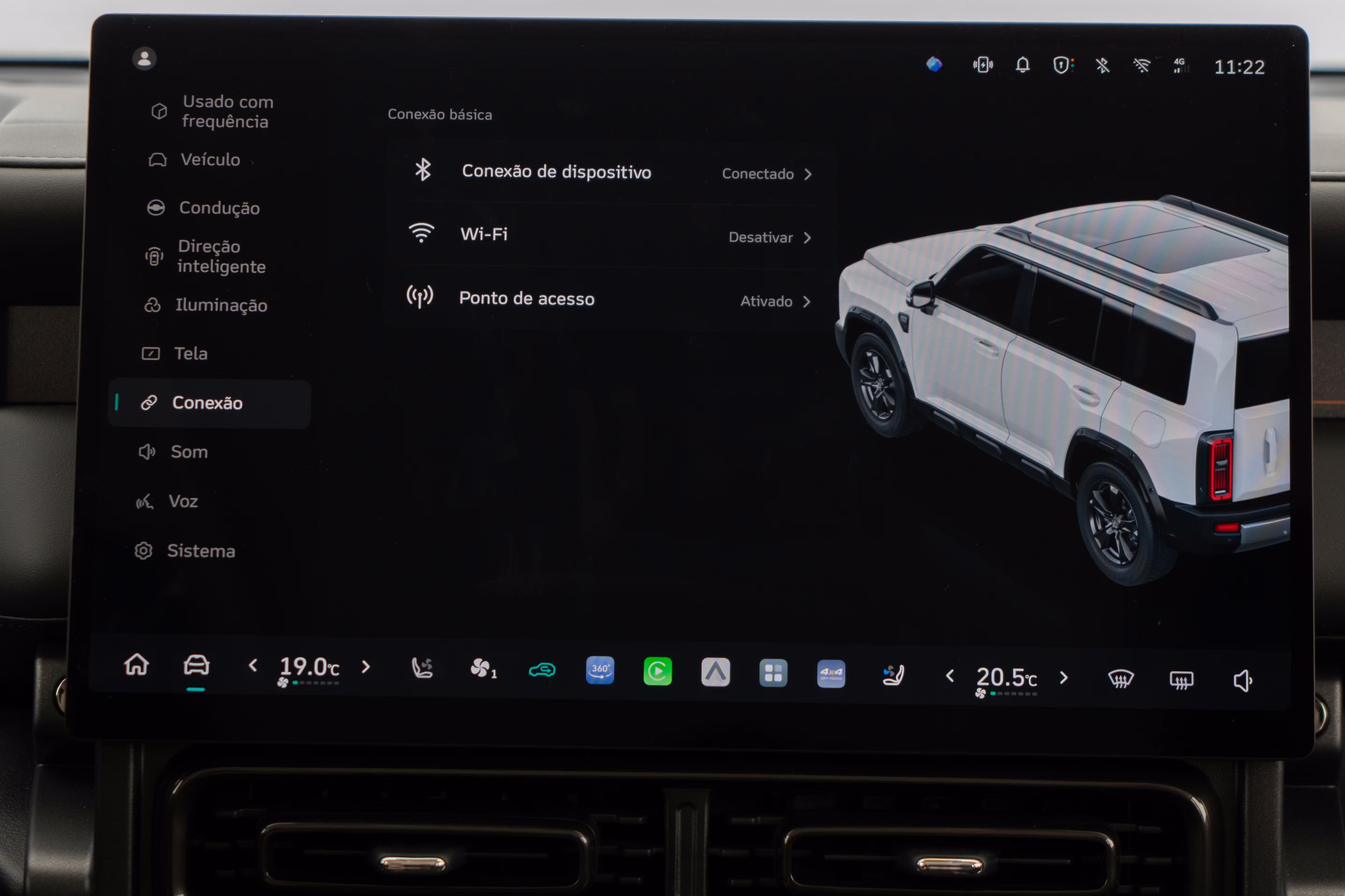 Foto de divulgação: Tela de conexão de dispositivos, Wi-Fi e ponto de acesso do Haval H7.