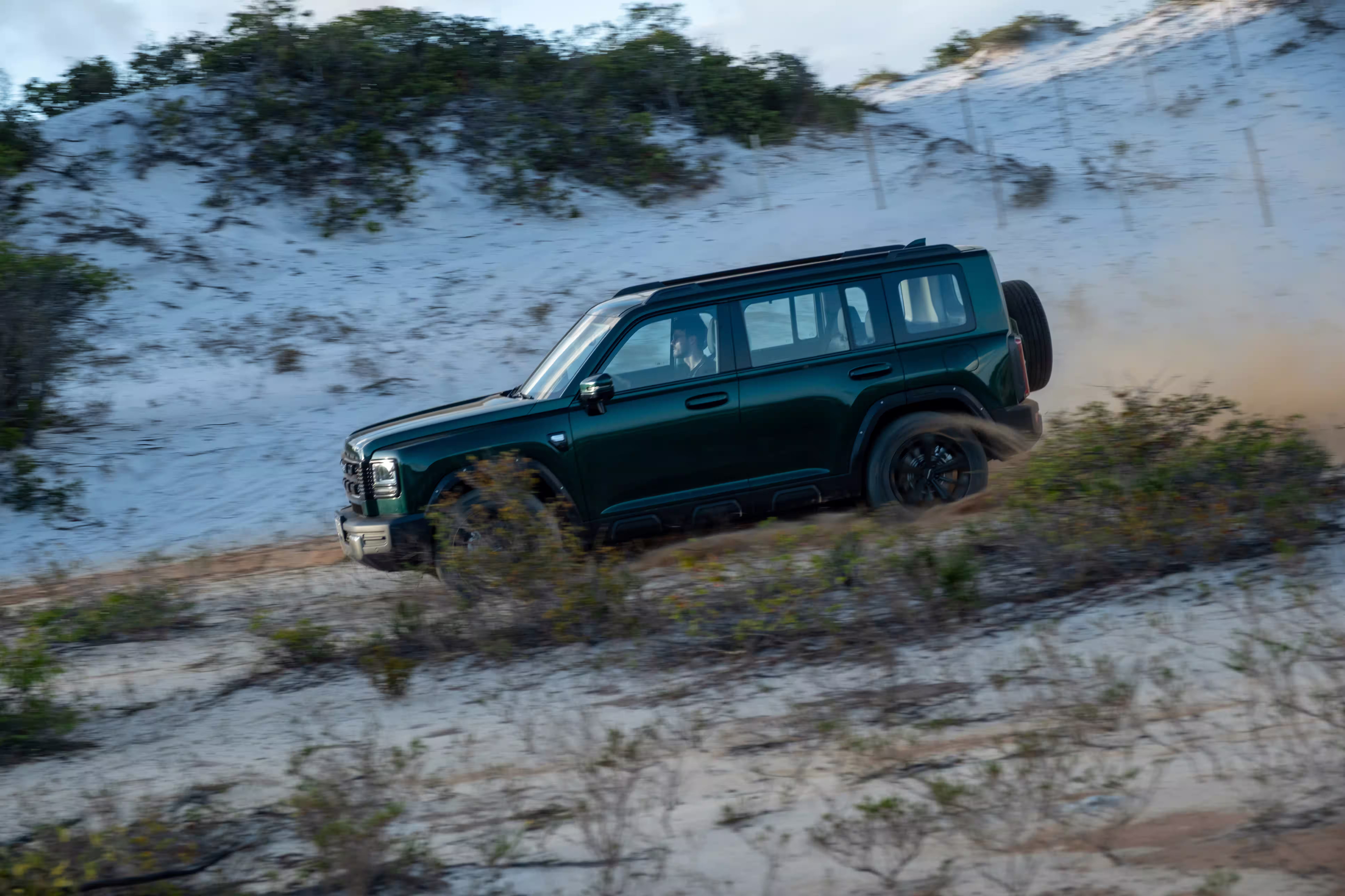 Foto de divulgação: Haval H7 verde de perfil sobre areia clara, parcialmente enquadrado pela vegetação.