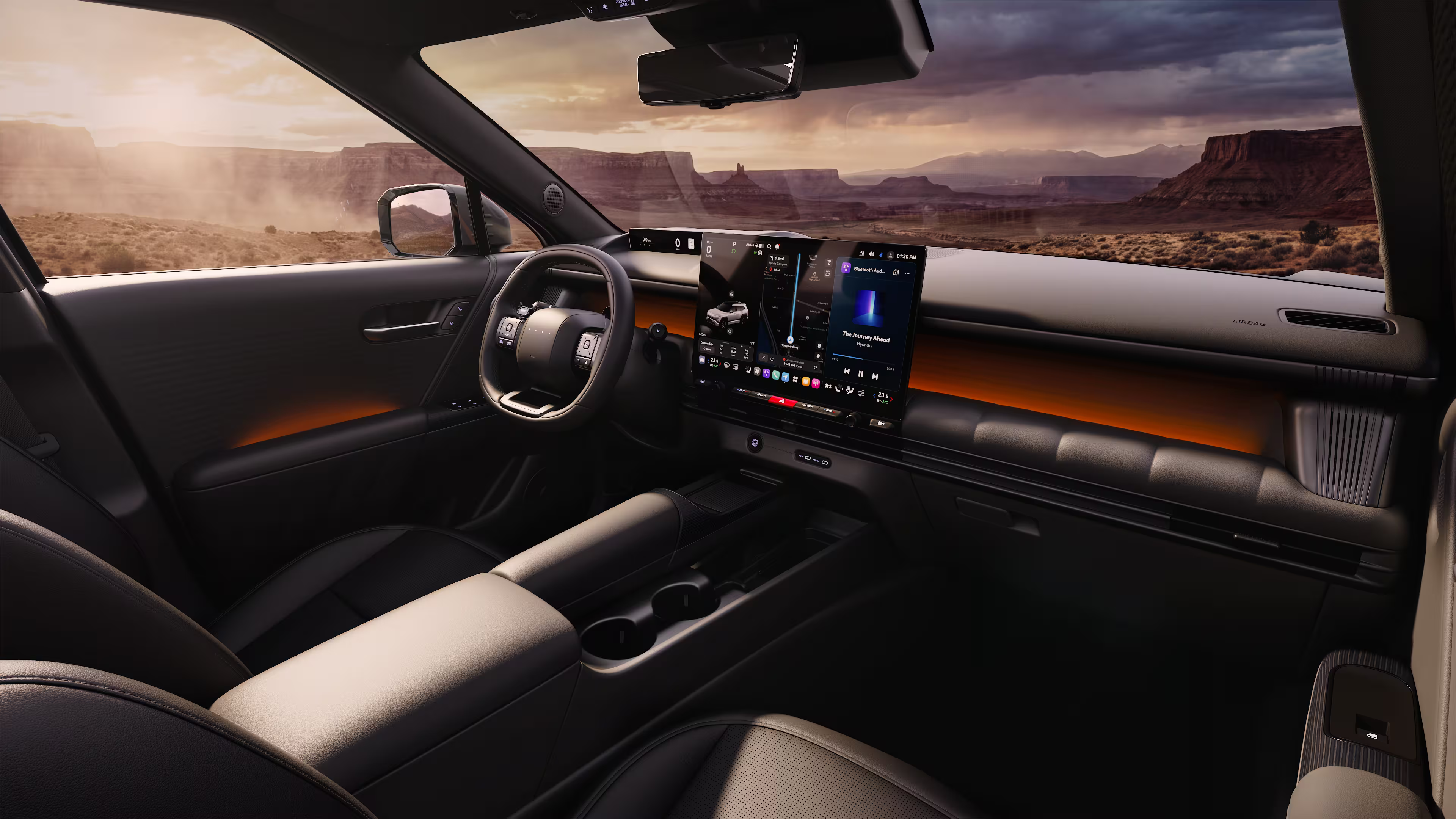 Imagem de divulgação da cabine escura do Hyundai Tucson XRT com duas telas e bancos de acabamento específico