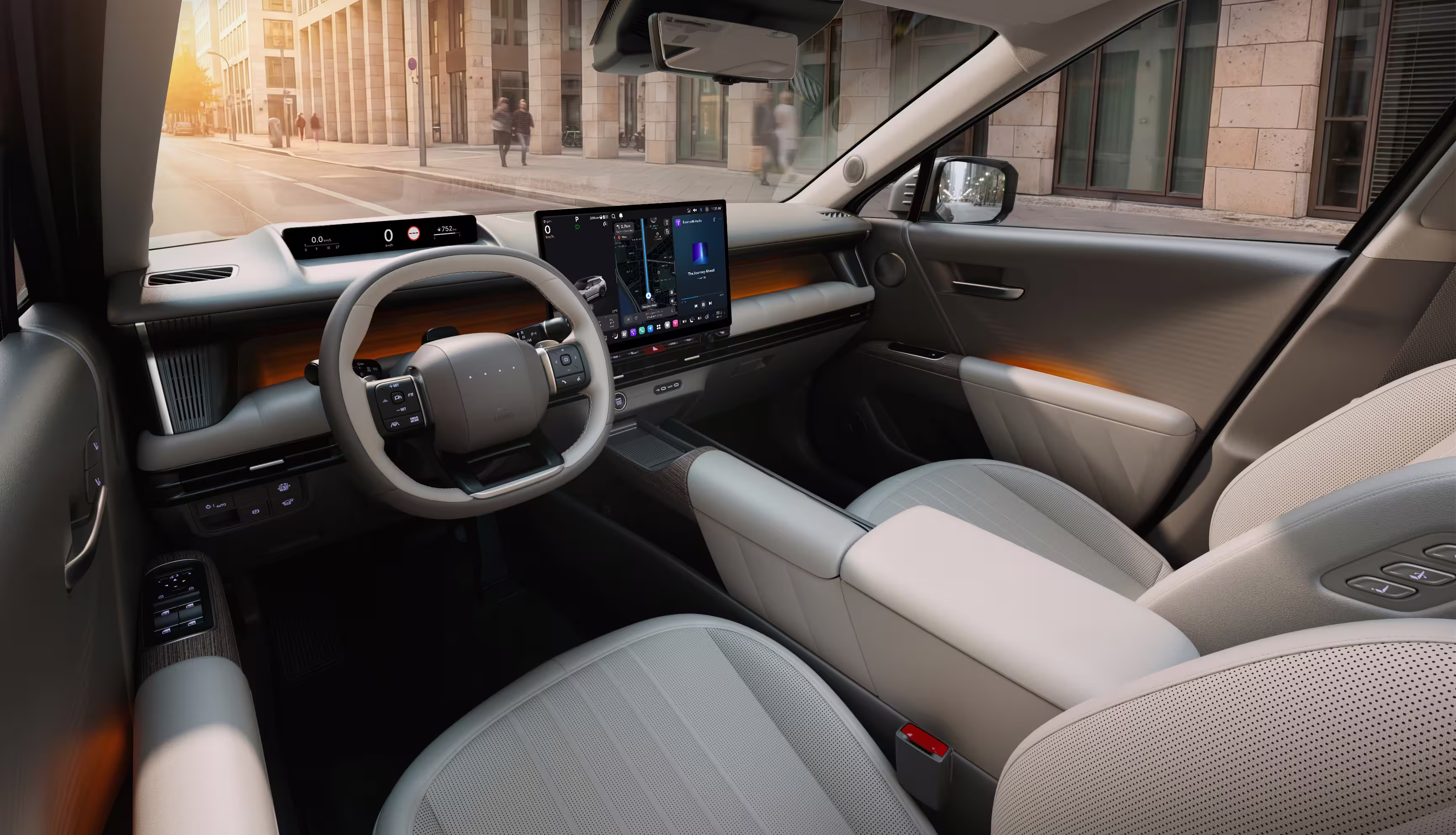Imagem de divulgação do posto de condução do Hyundai Tucson com duas telas e comandos físicos no painel