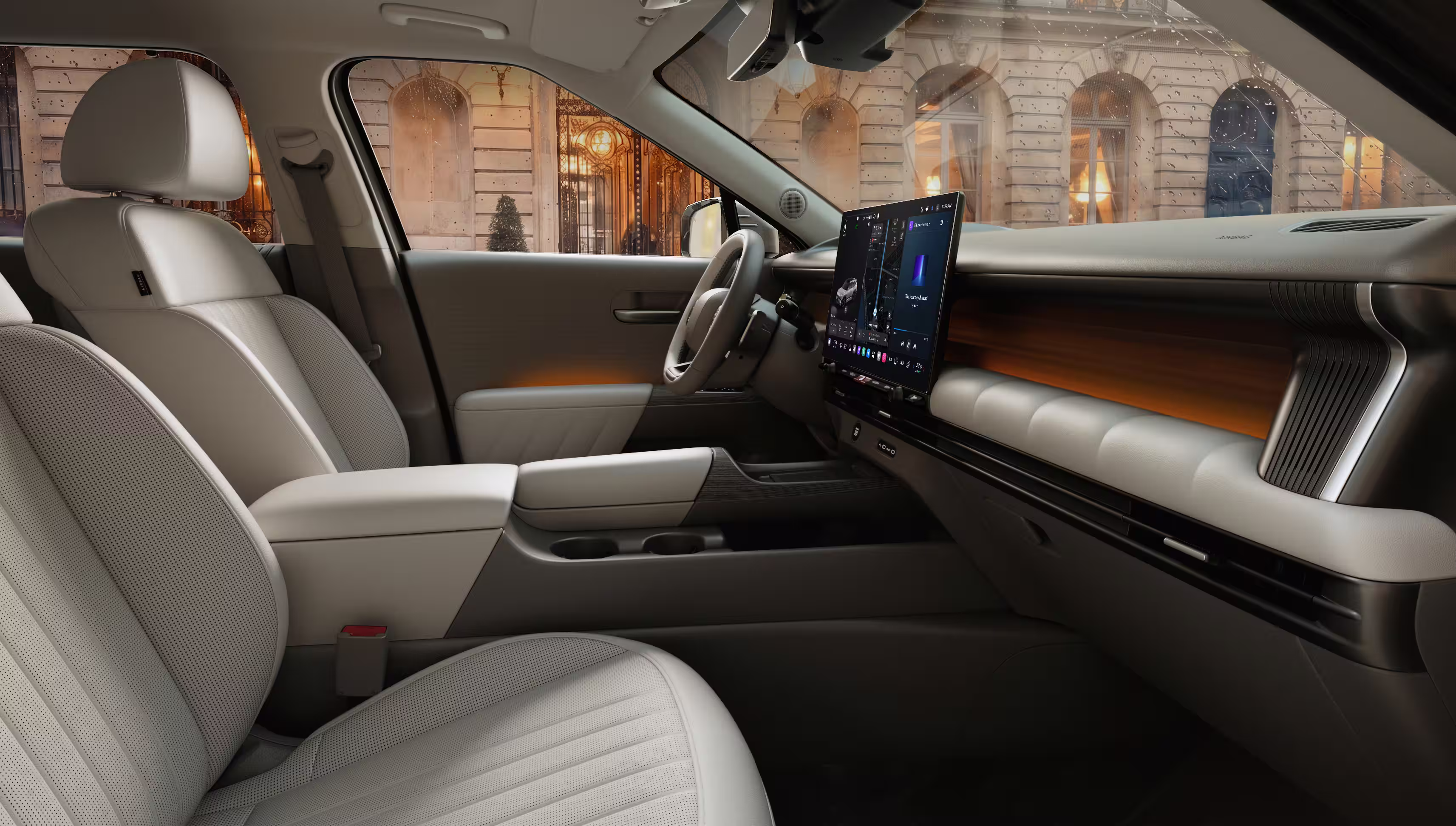 Imagem de divulgação dos bancos dianteiros claros do Hyundai Tucson e do console central