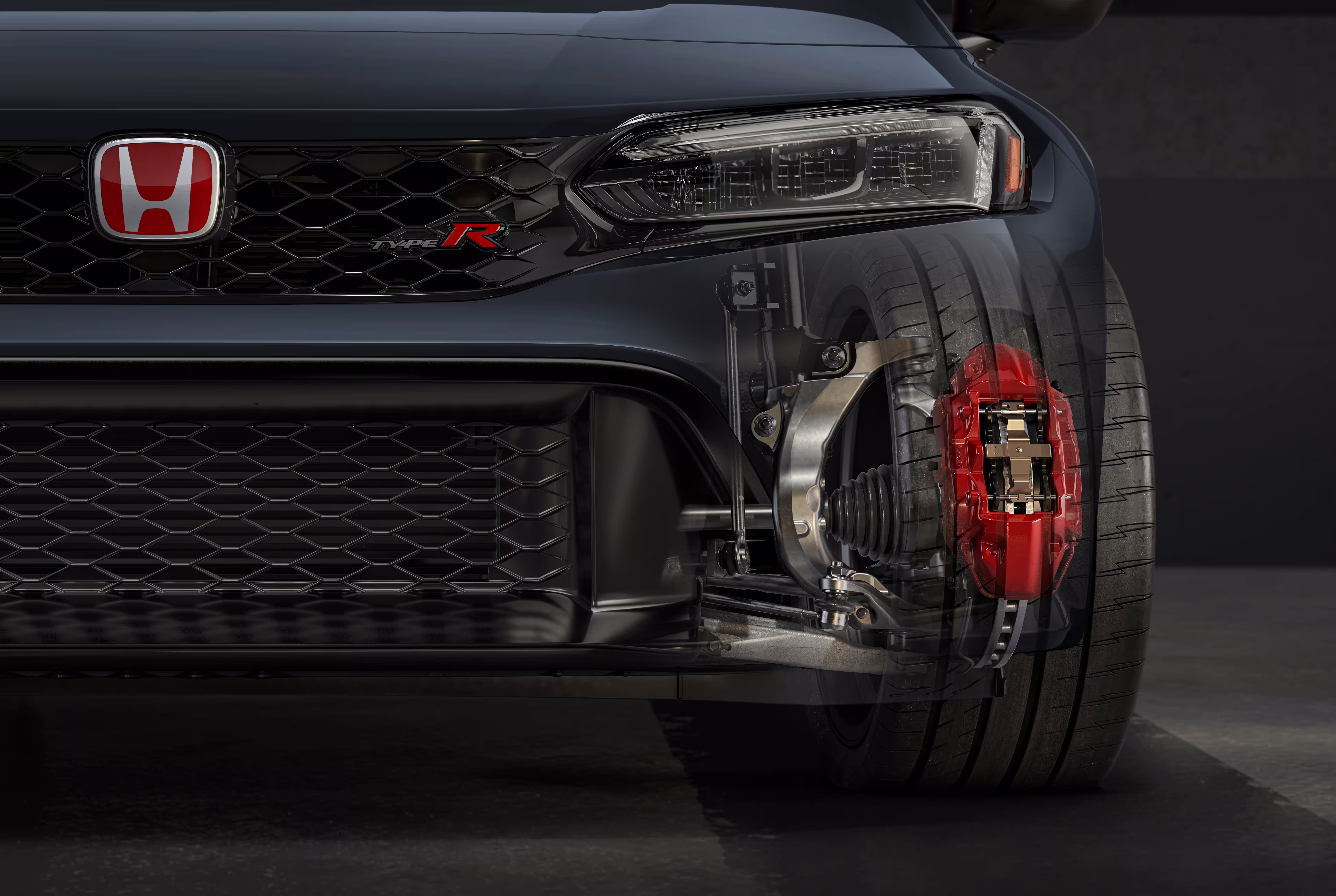 Ilustração técnica de divulgação com transparência na dianteira do Honda Civic Type R 2027 mostrando freio e suspensão
