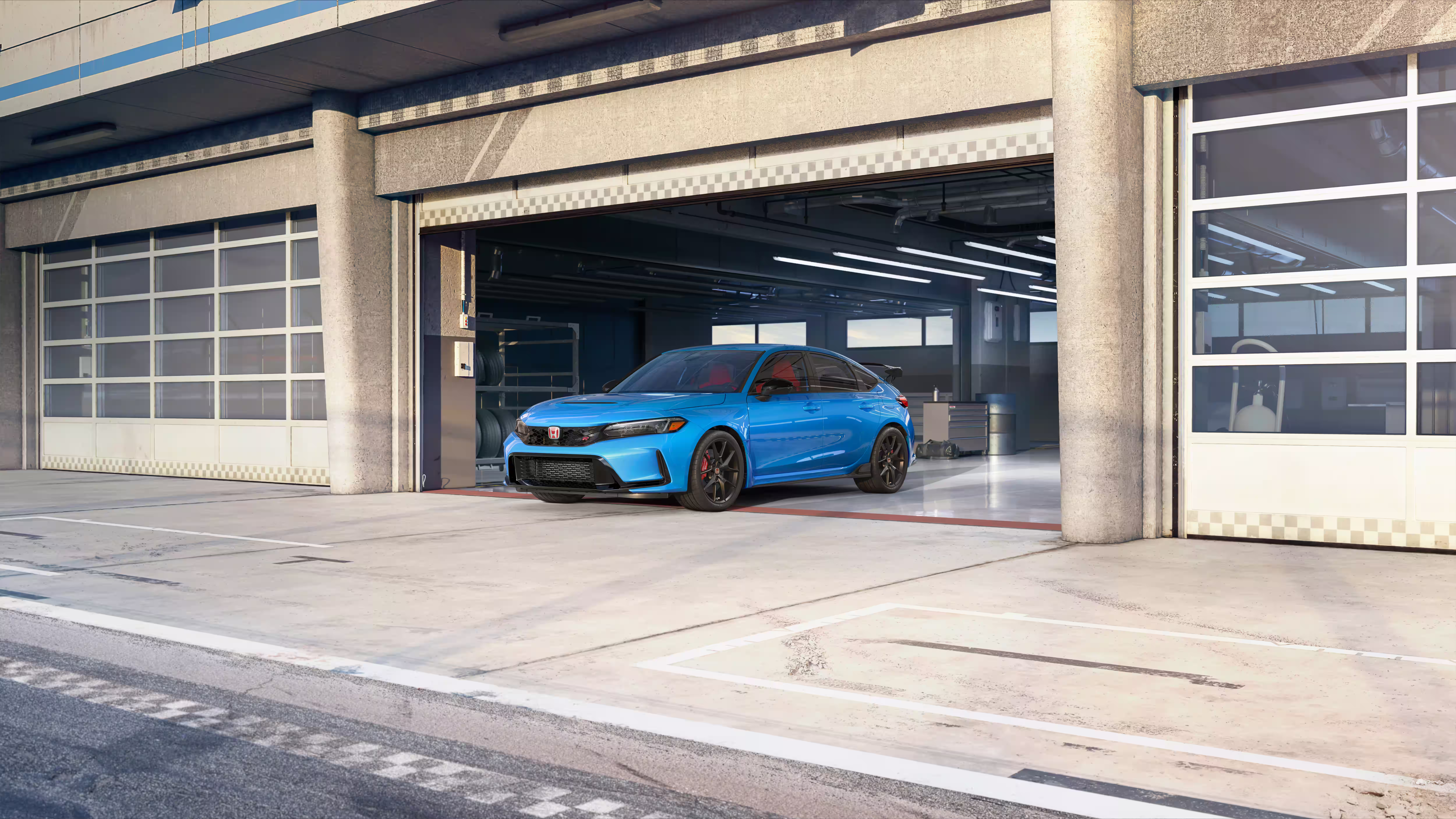 Honda Civic Type R 2027 azul parado na entrada de um box