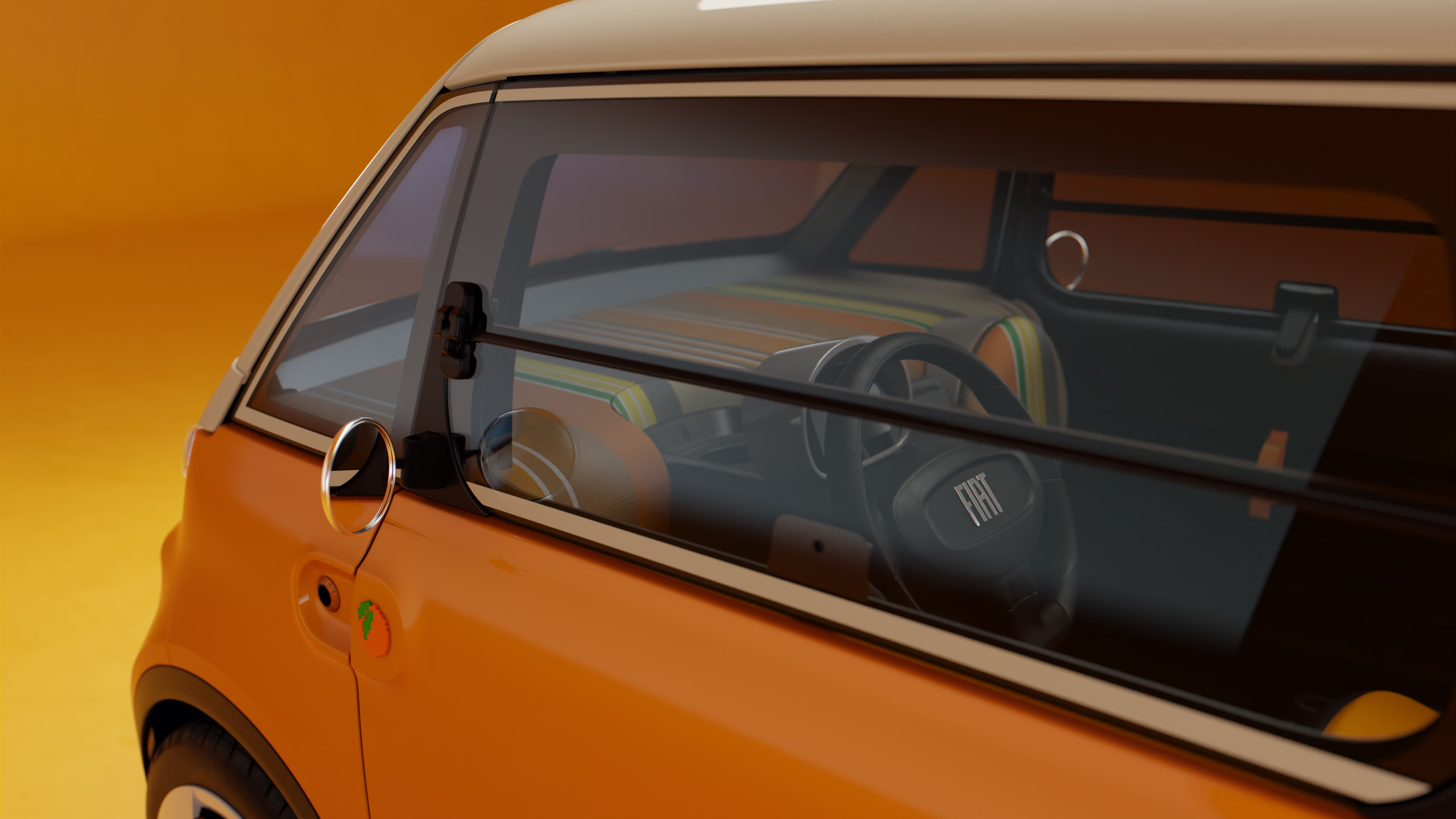 Render da janela lateral com articulações, retrovisor circular e parte da cabine do Fiat Multiplina