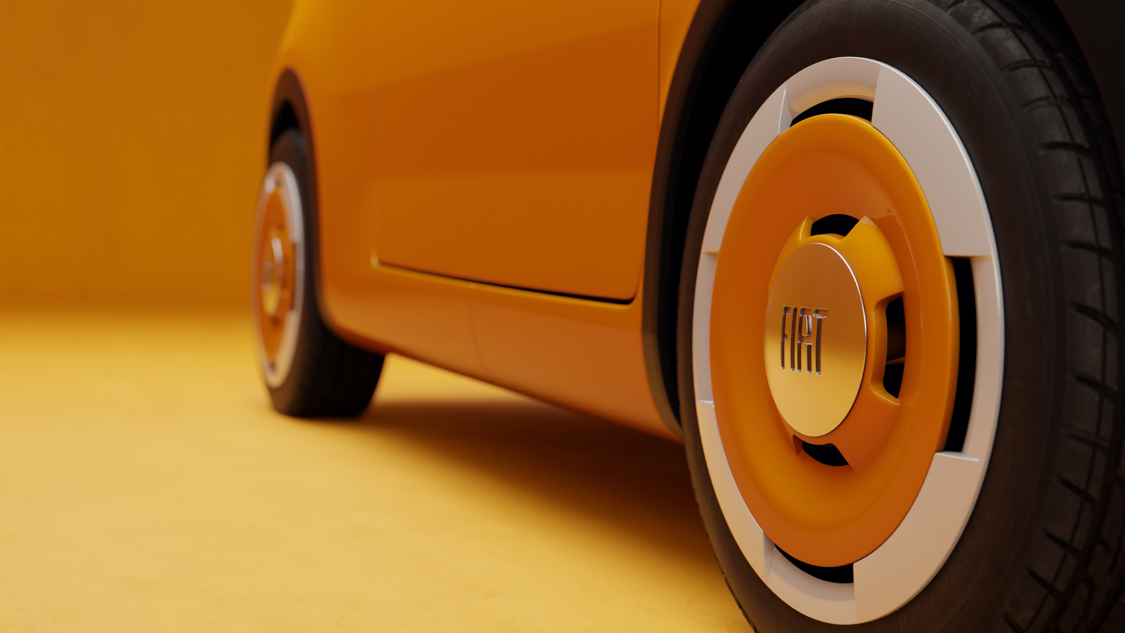 Render em detalhe da roda dianteira do Fiat Multiplina e da parte inferior da porta