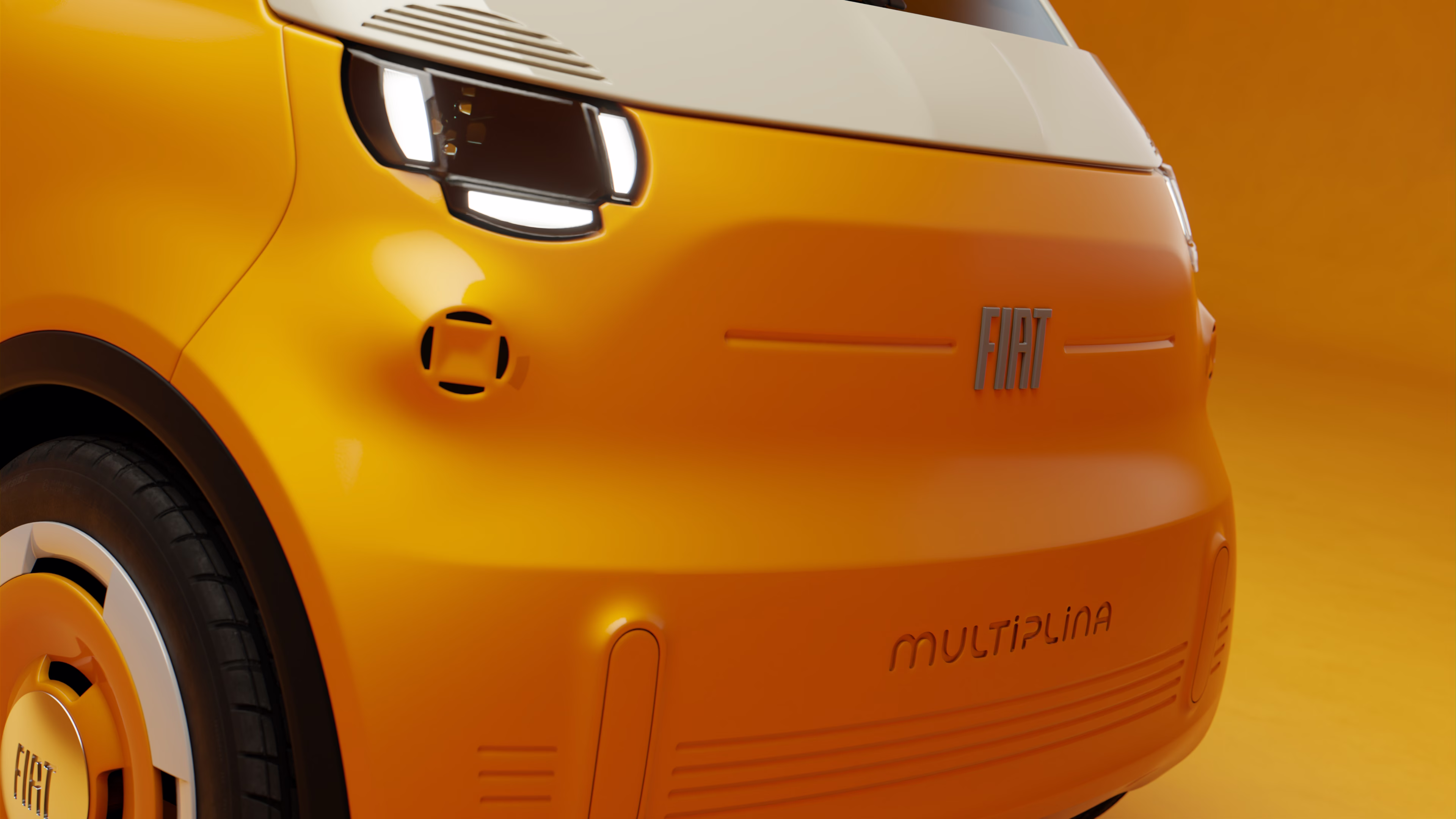 Render em detalhe da dianteira do Fiat Multiplina, com farol, emblema Fiat e frisos horizontais