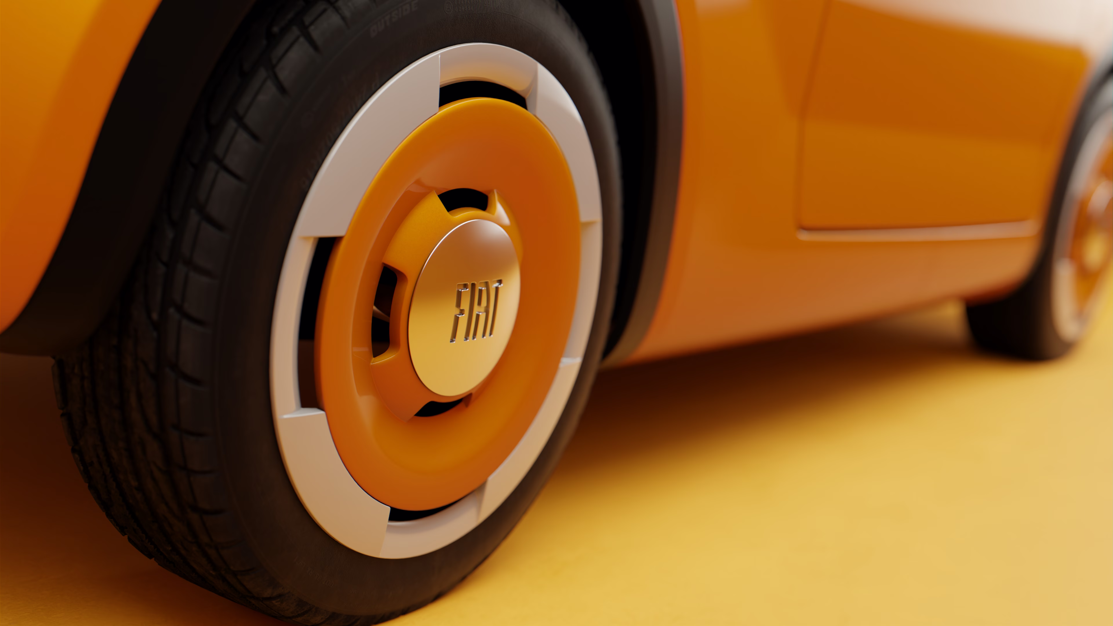 Render em detalhe da roda traseira amarela e do painel lateral do Fiat Multiplina
