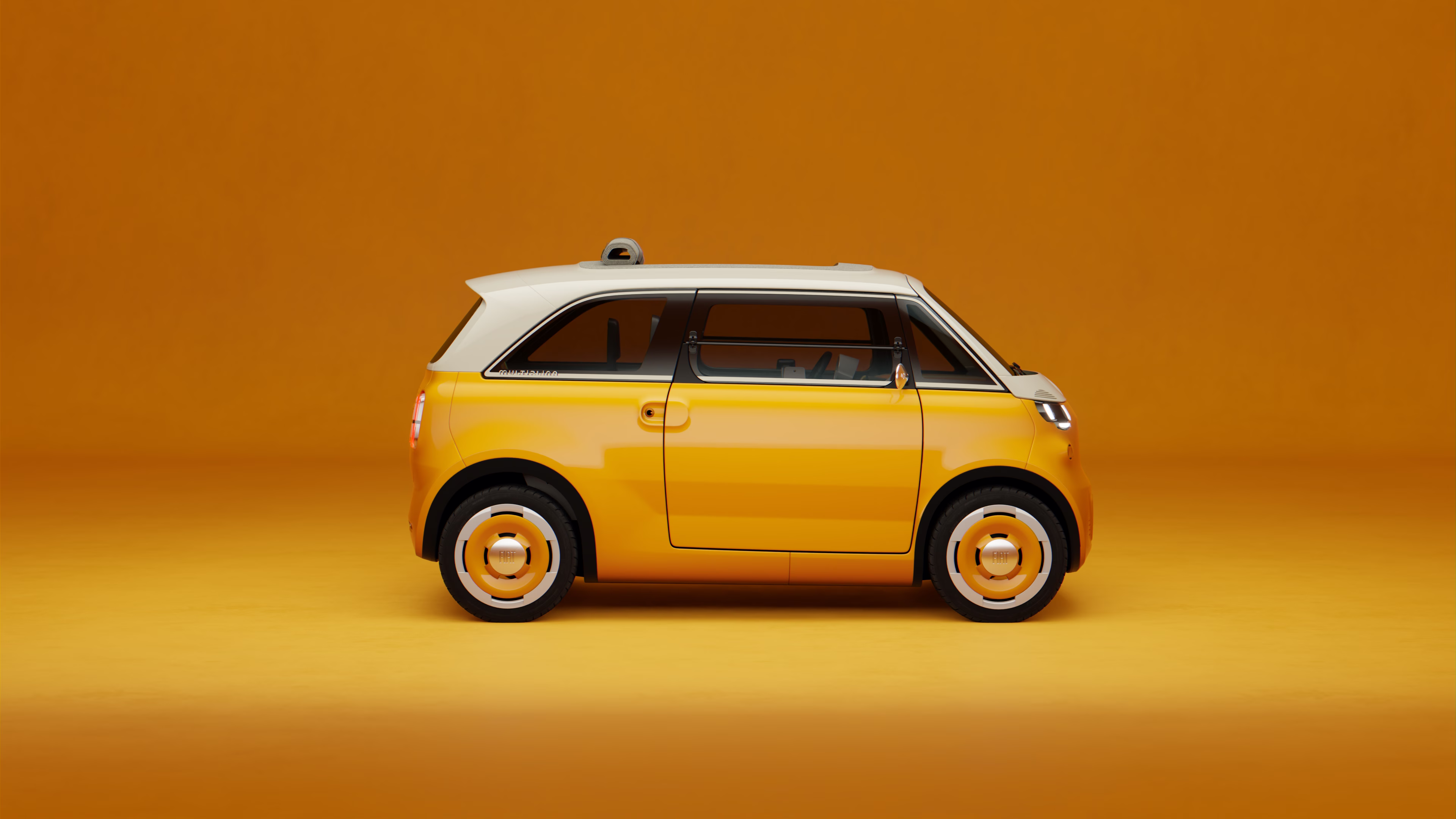 Render do Fiat Multiplina visto de perfil, com carroceria amarela, teto claro e grandes janelas laterais