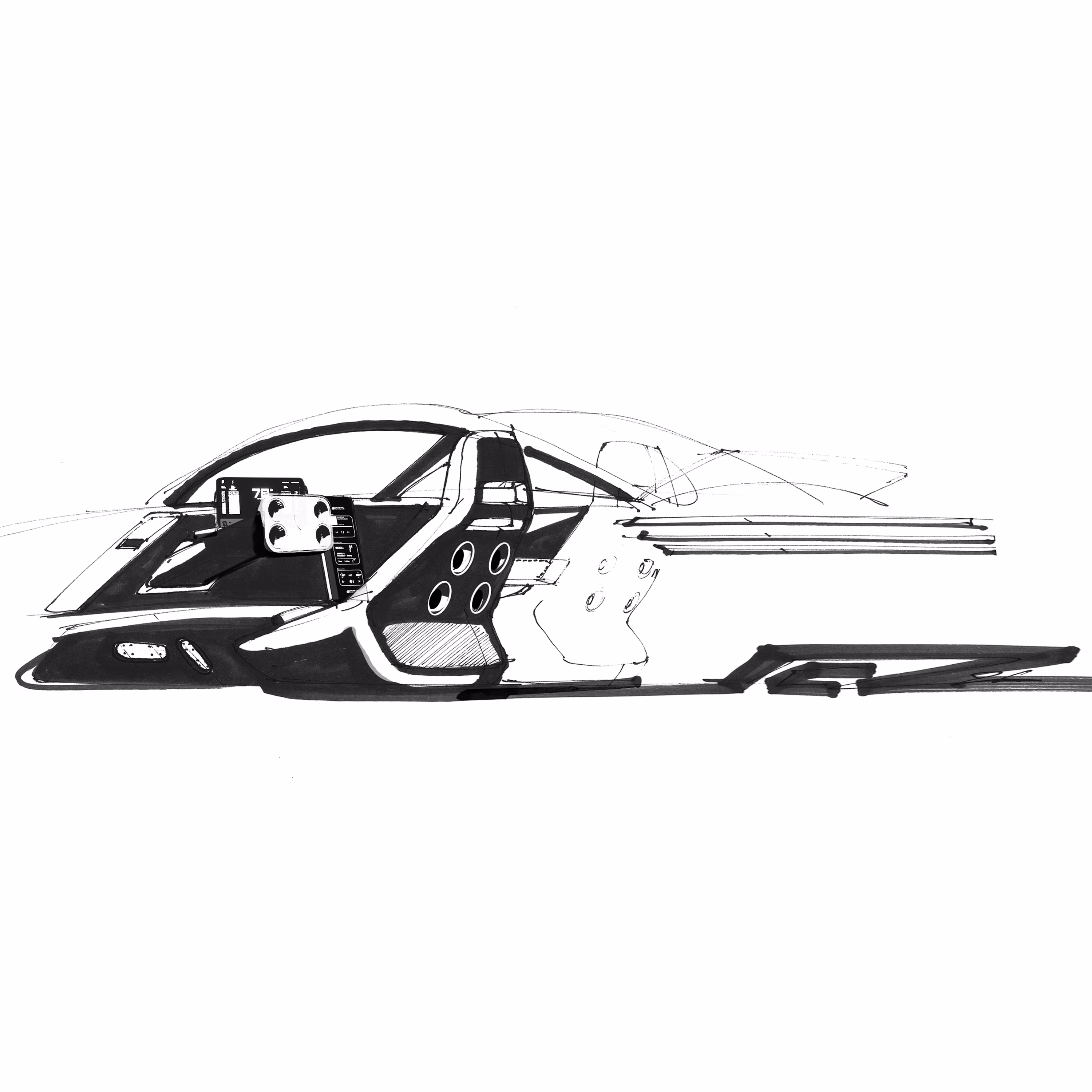 Outro desenho explora a disposição dos comandos no cockpit, ilustração de design