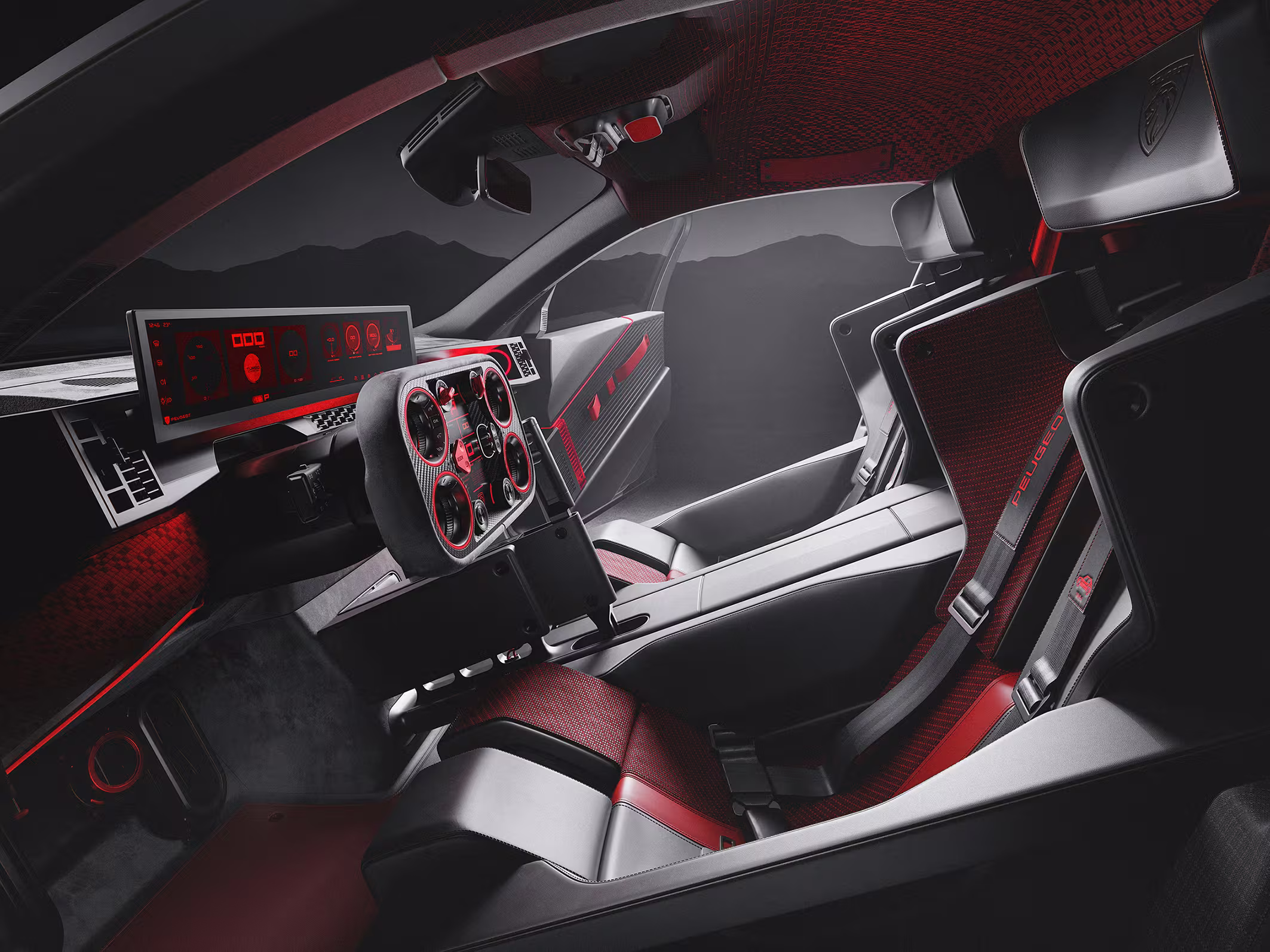 O interior combina tons escuros, detalhes vermelhos e desenho funcional, render de divulgação