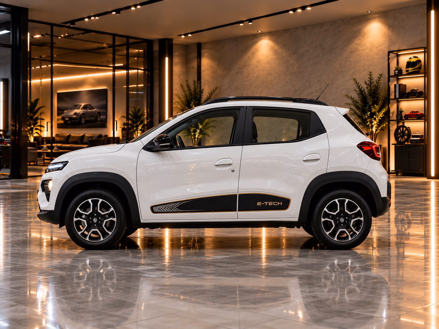 Ilustração de Renault Kwid E-Tech em vista lateral